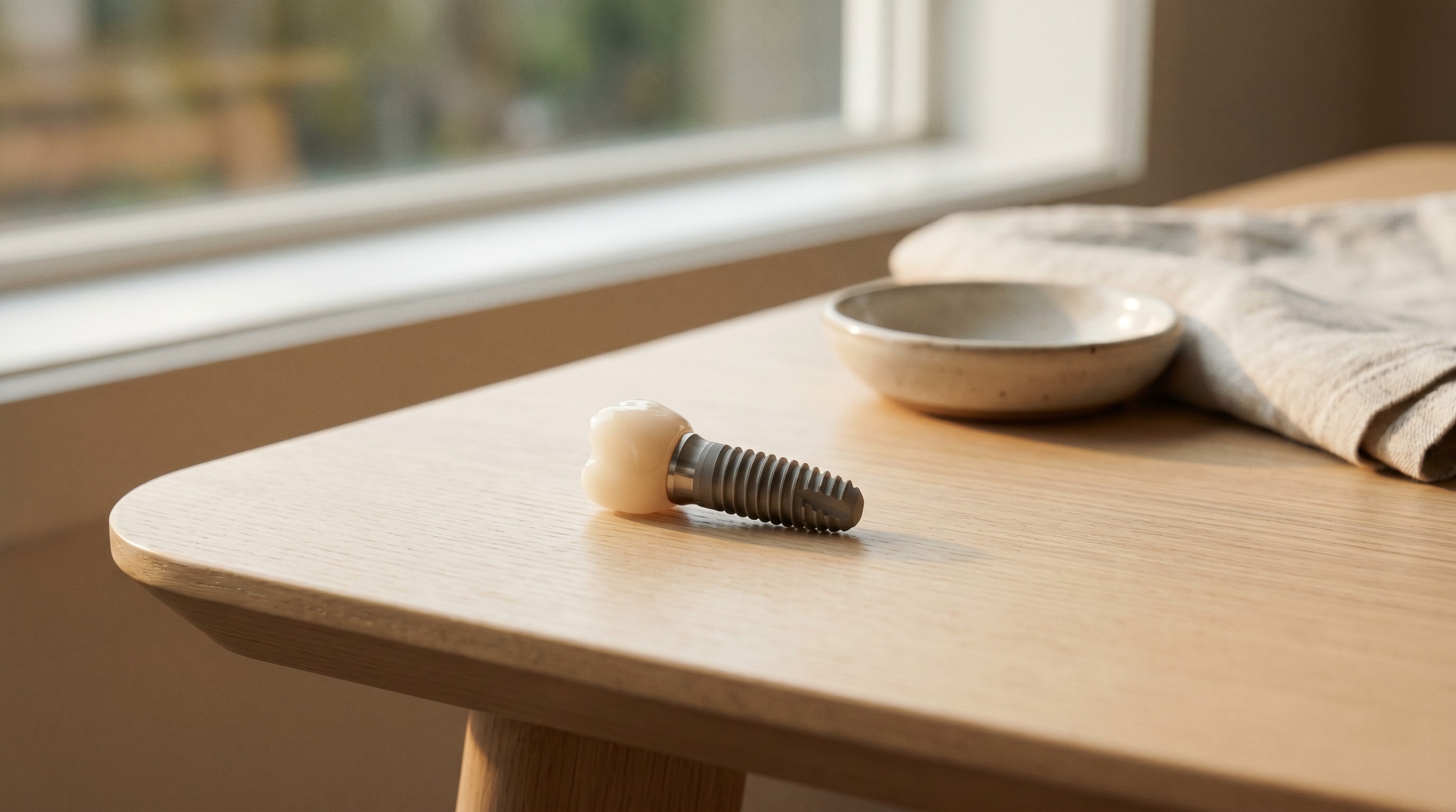 Dental implant model with titanium fixture and porcelain crown on warm oak surface in soft natural window light