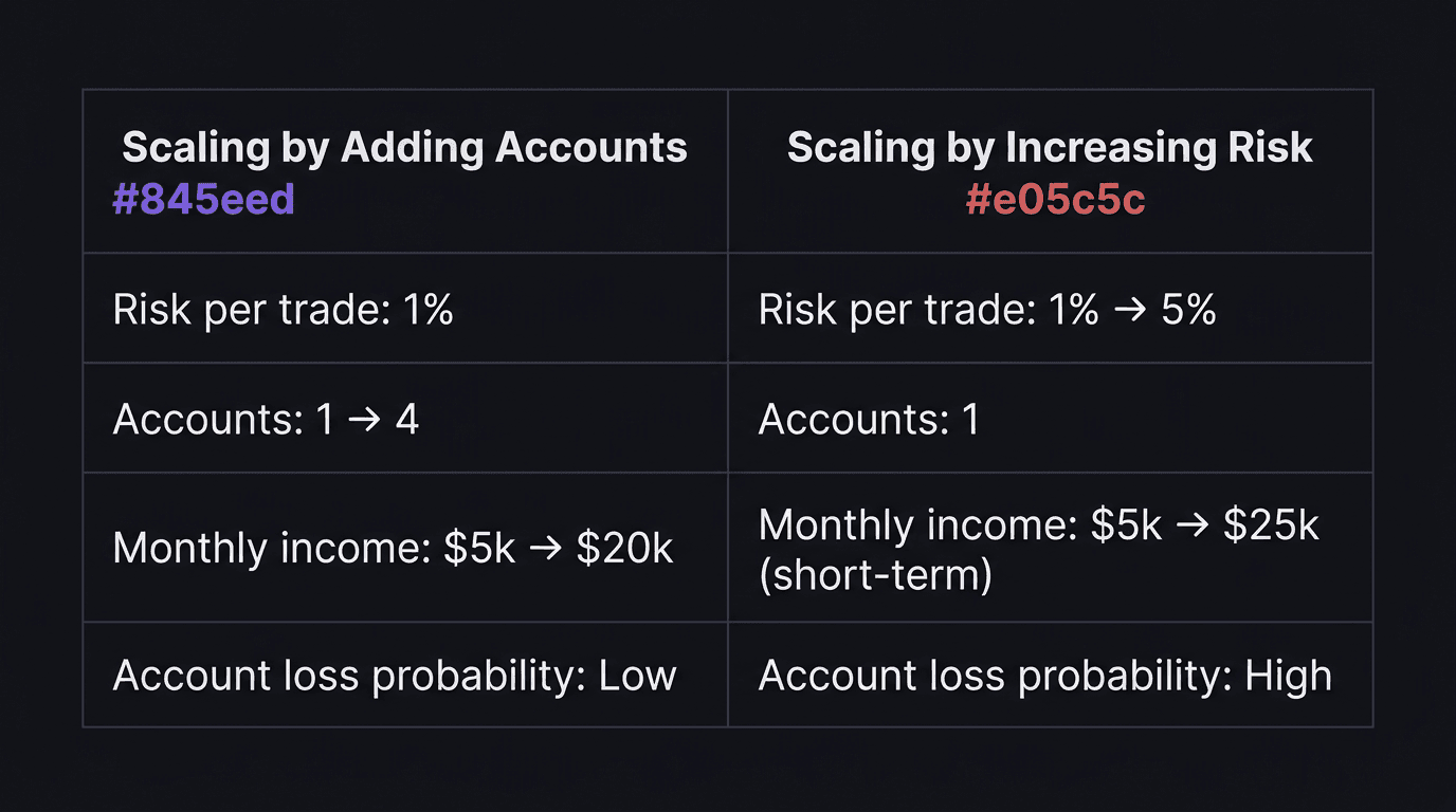Comparison table showing scaling by adding accounts vs scaling by increasing risk