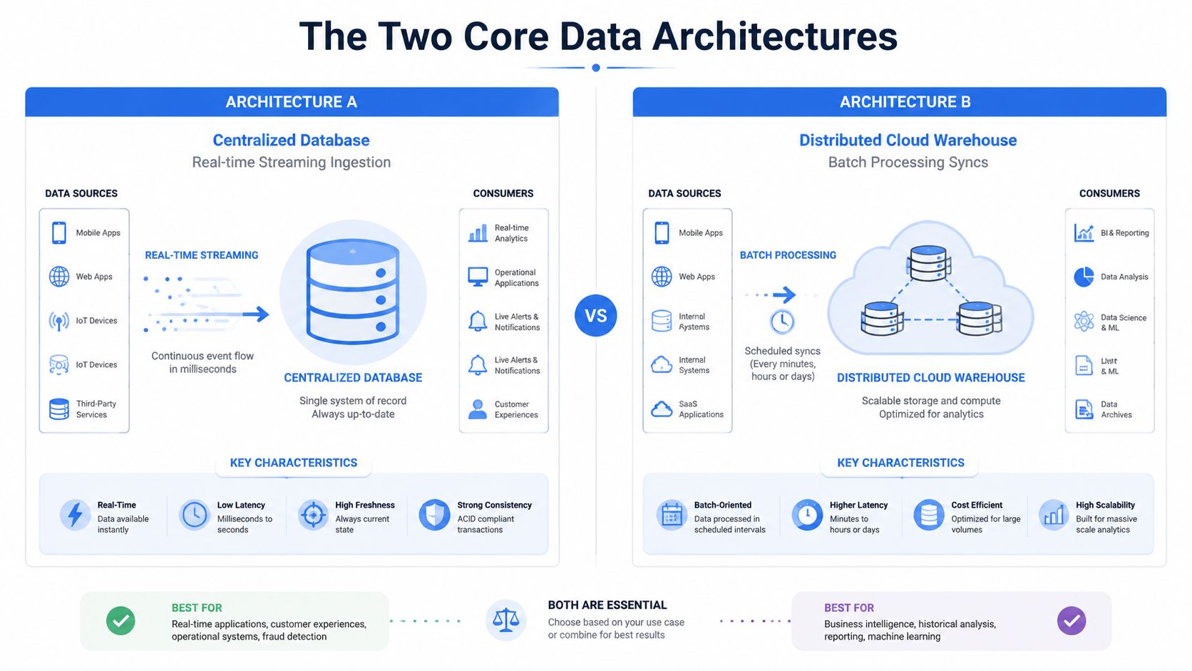 A diagram comparing centralized database real-time streaming architectures with distributed cloud warehouse batch processing data systems.