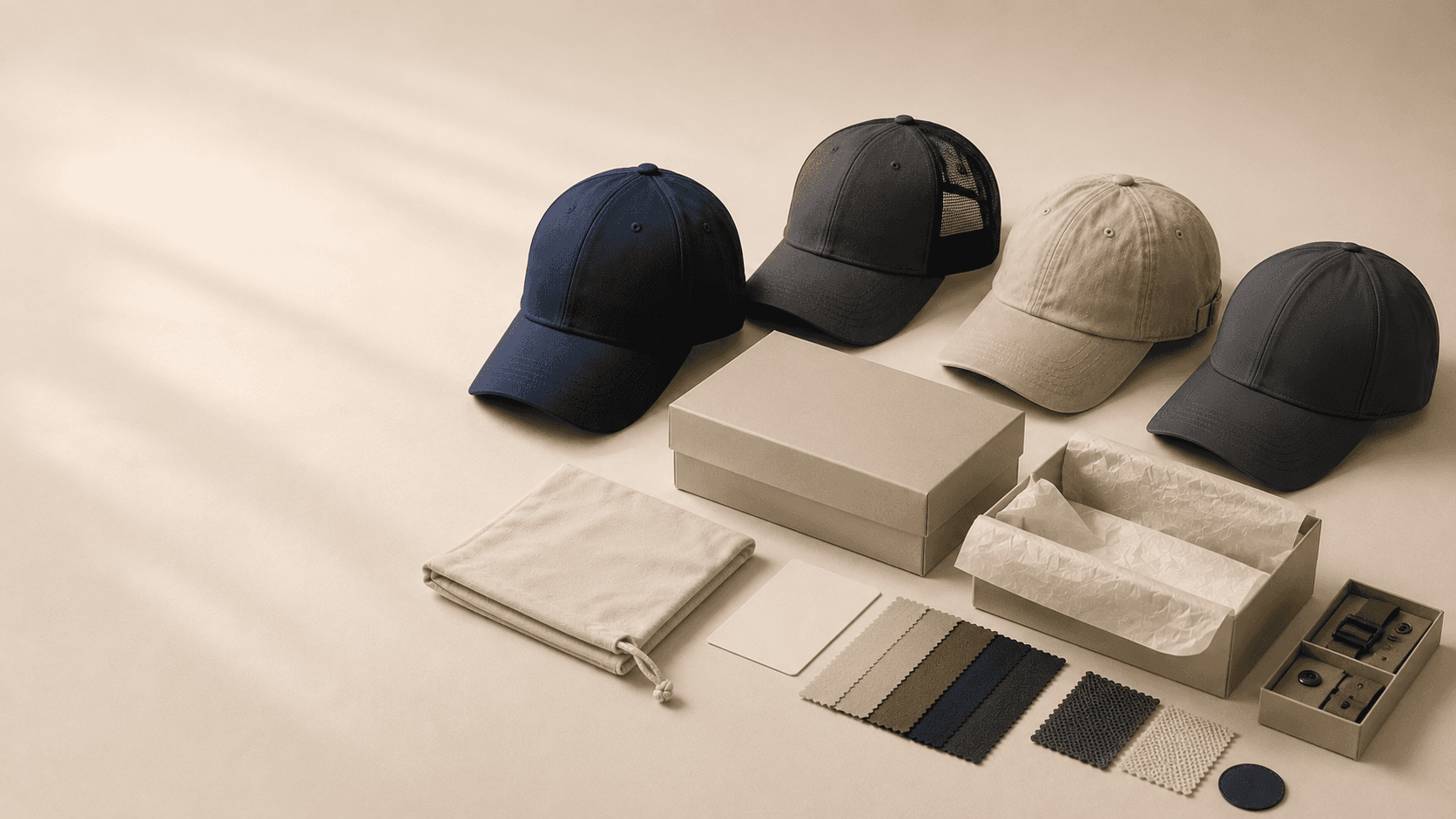 Blank coordinated caps, decoration references and presentation packaging arranged for a corporate-direct headwear program.