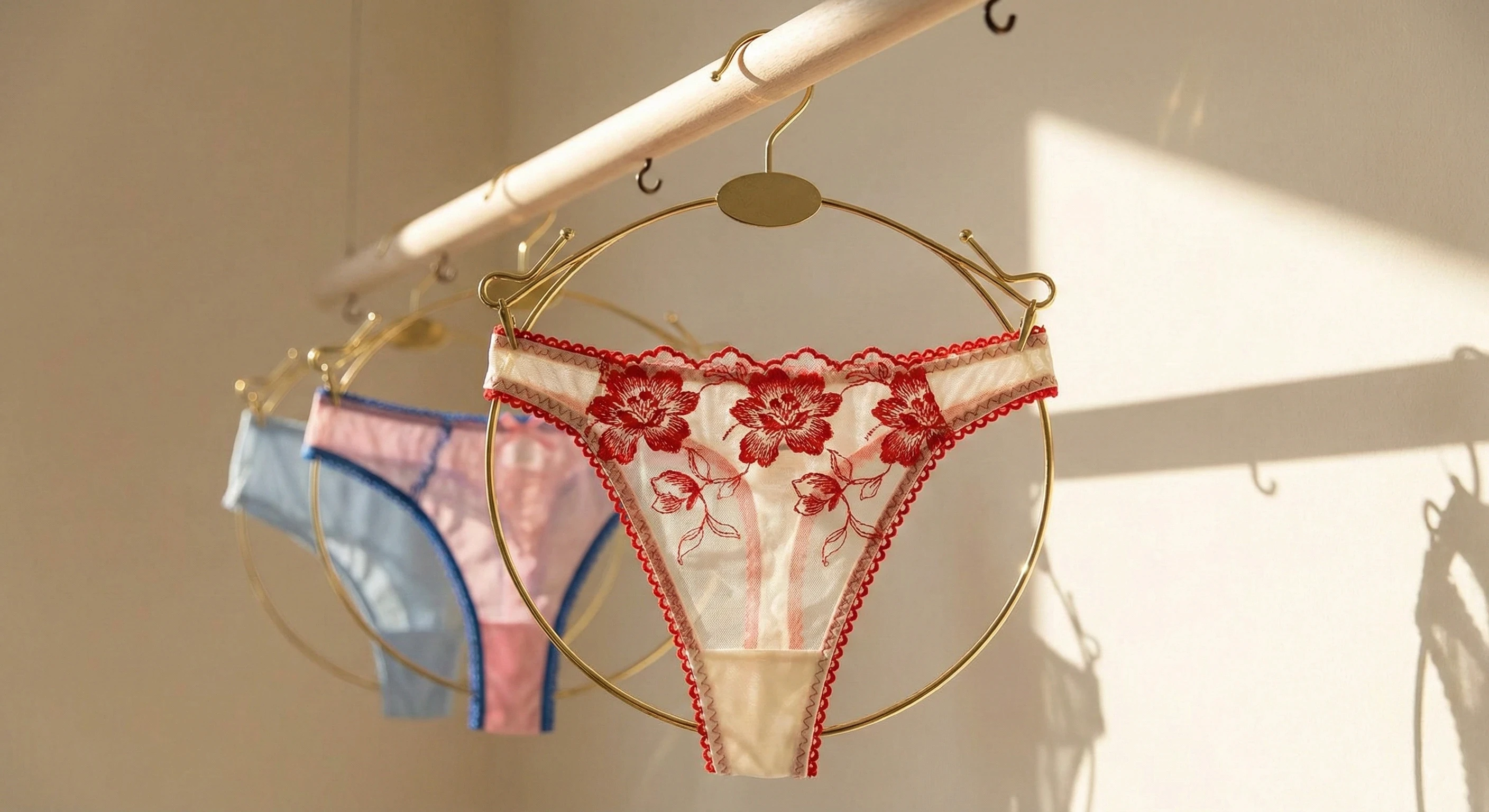Embroidered lingerie displayed on gold rings in sunlight.