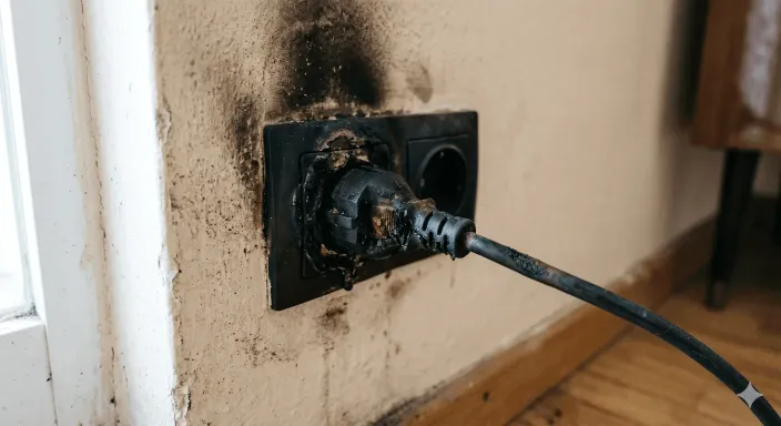 Enchufe quemado por una fuerte subida de tensión que ha averiado los electrodomésticos de la vivienda.