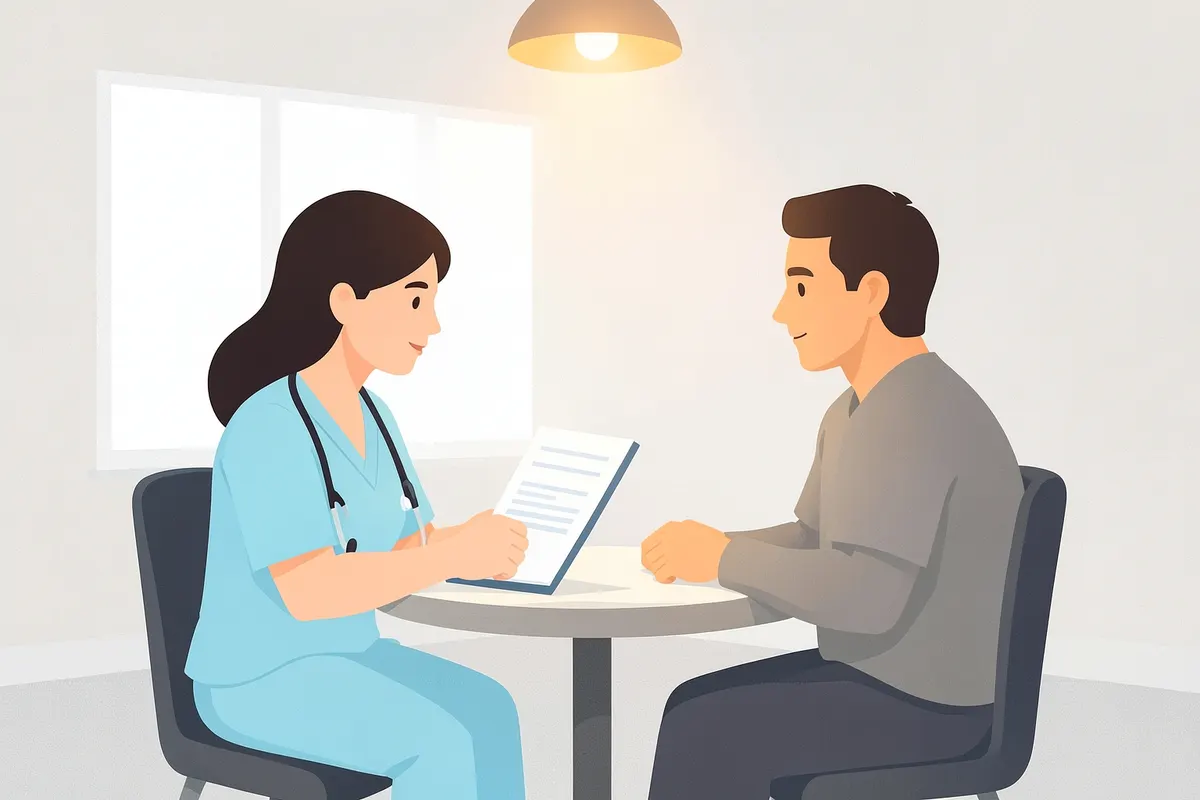 A doctor and patient discussing a medical chart in a consultation room