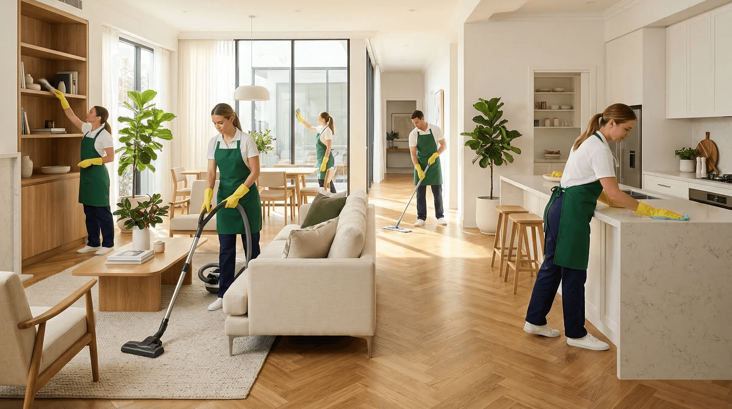 Five cleaners in green aprons working in a modern, bright living space.