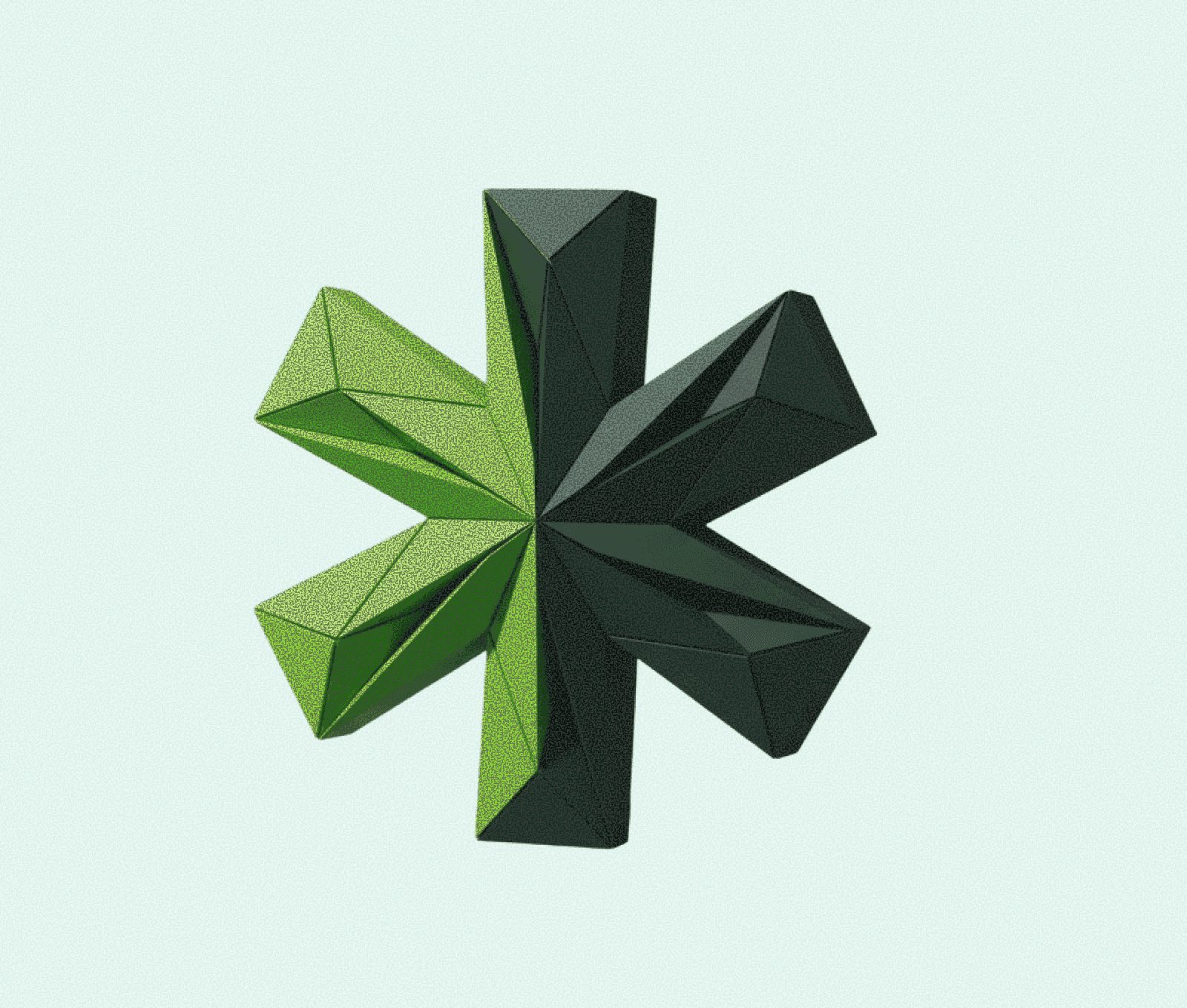 A 3D abstract star shape with green and dark green facets.
