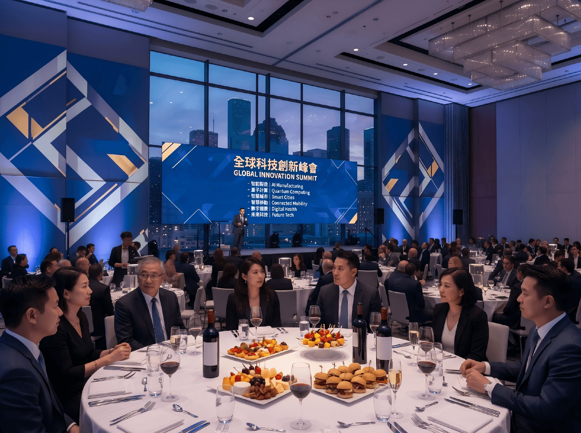 香港商業發佈會上品牌代表在舞台發表簡報，背後LED品牌背板與台下觀眾專注聆聽，體現專業活動統籌與品牌曝光 Hong Kong corporate brand launch event with keynote speaker and branded stage backdrop