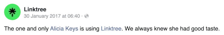 Linktree announcing on FB that Keys’ just joined their platform, back in 2017