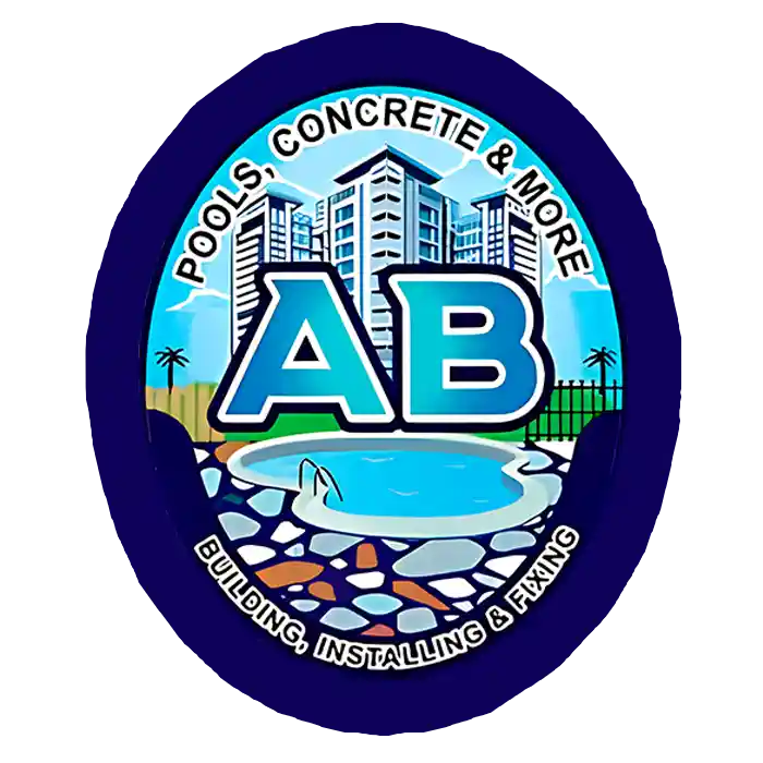 logo of AB Pools, Concrete & More, featuring a design with a swimming pool, buildings, and construction elements.