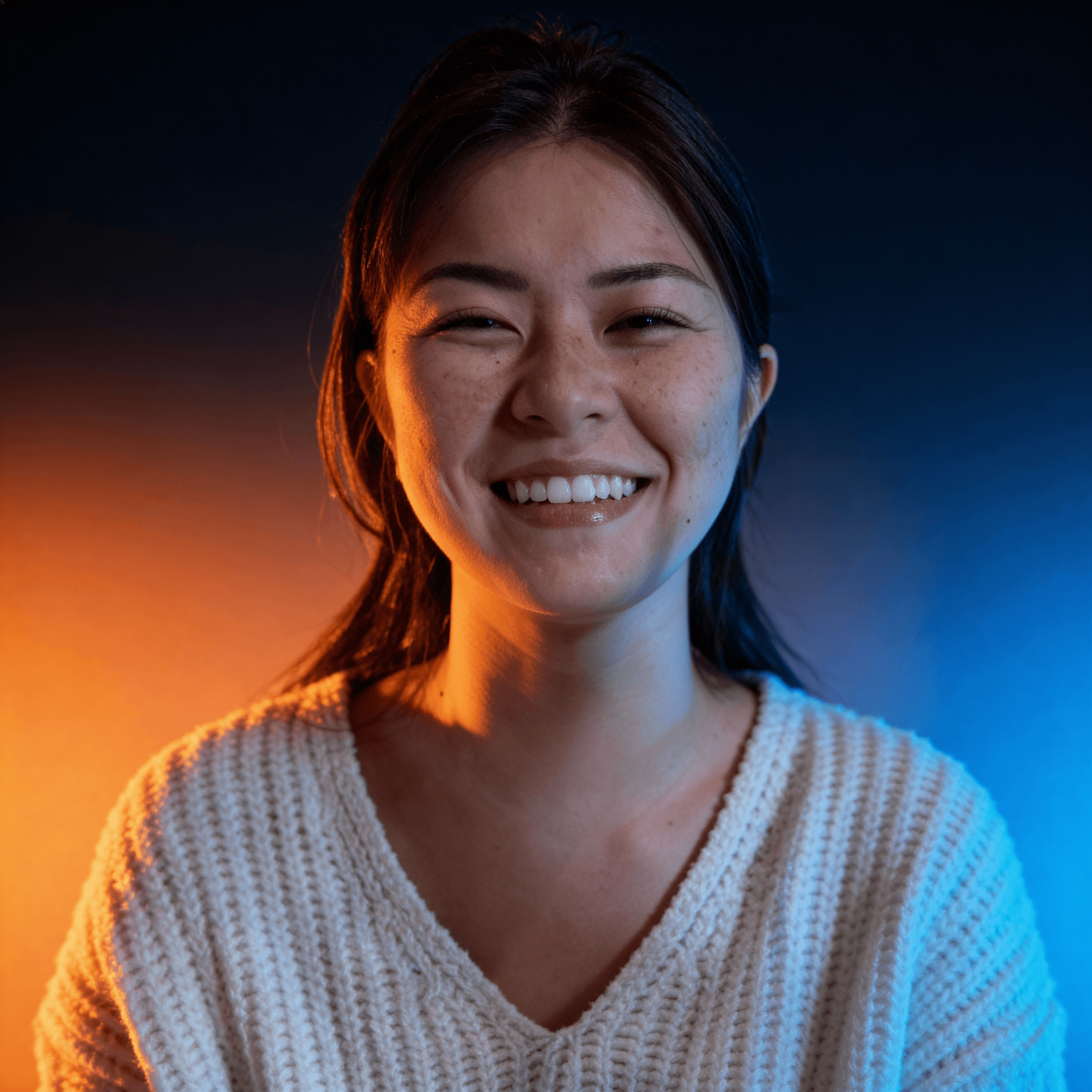 A woman with glossy lips and glowing skin is illuminated by vibrant red and blue lighting. She wears a patterned outfit and dangling earrings, exuding a bold, artistic vibe.