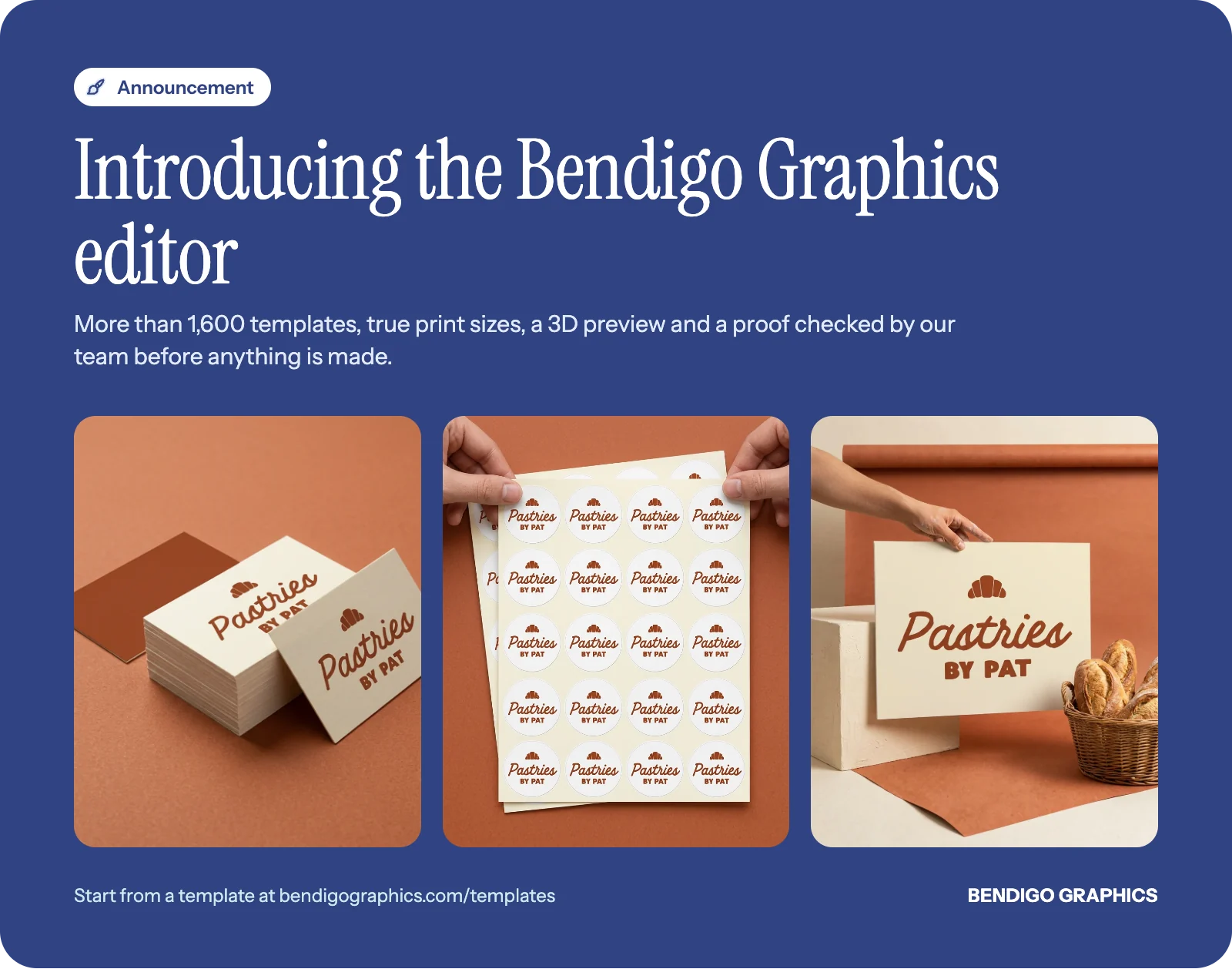 Announcement graphic for the Bendigo Graphics editor showing branded business cards, a sheet of stickers and a corflute sign.