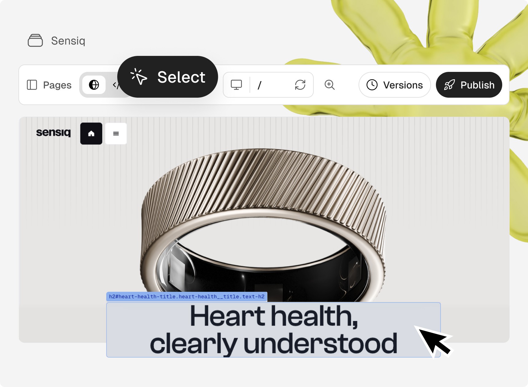 Ploy site editor with the Select tool active on the Sensiq page, highlighting the "Heart health, clearly understood" heading and its h2 element selector.
