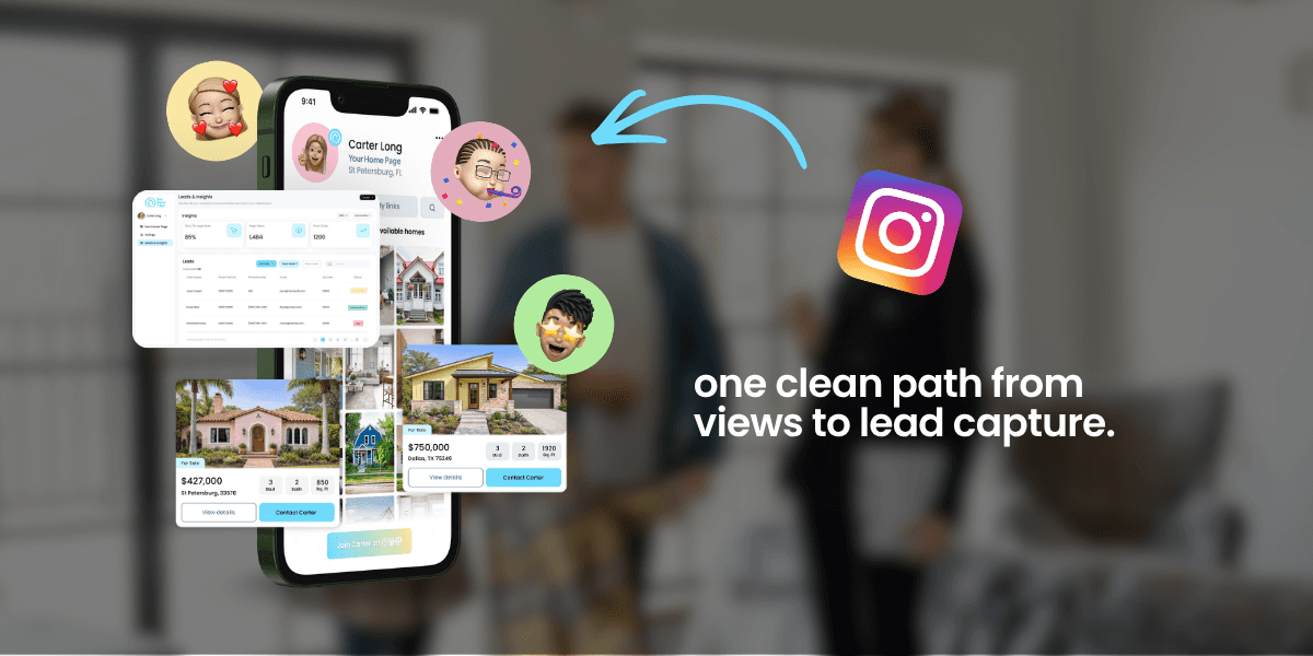 YHP app shown on multiple phone screens with Instagram logo and floating listing cards, with text reading "one clean path from views to lead capture"