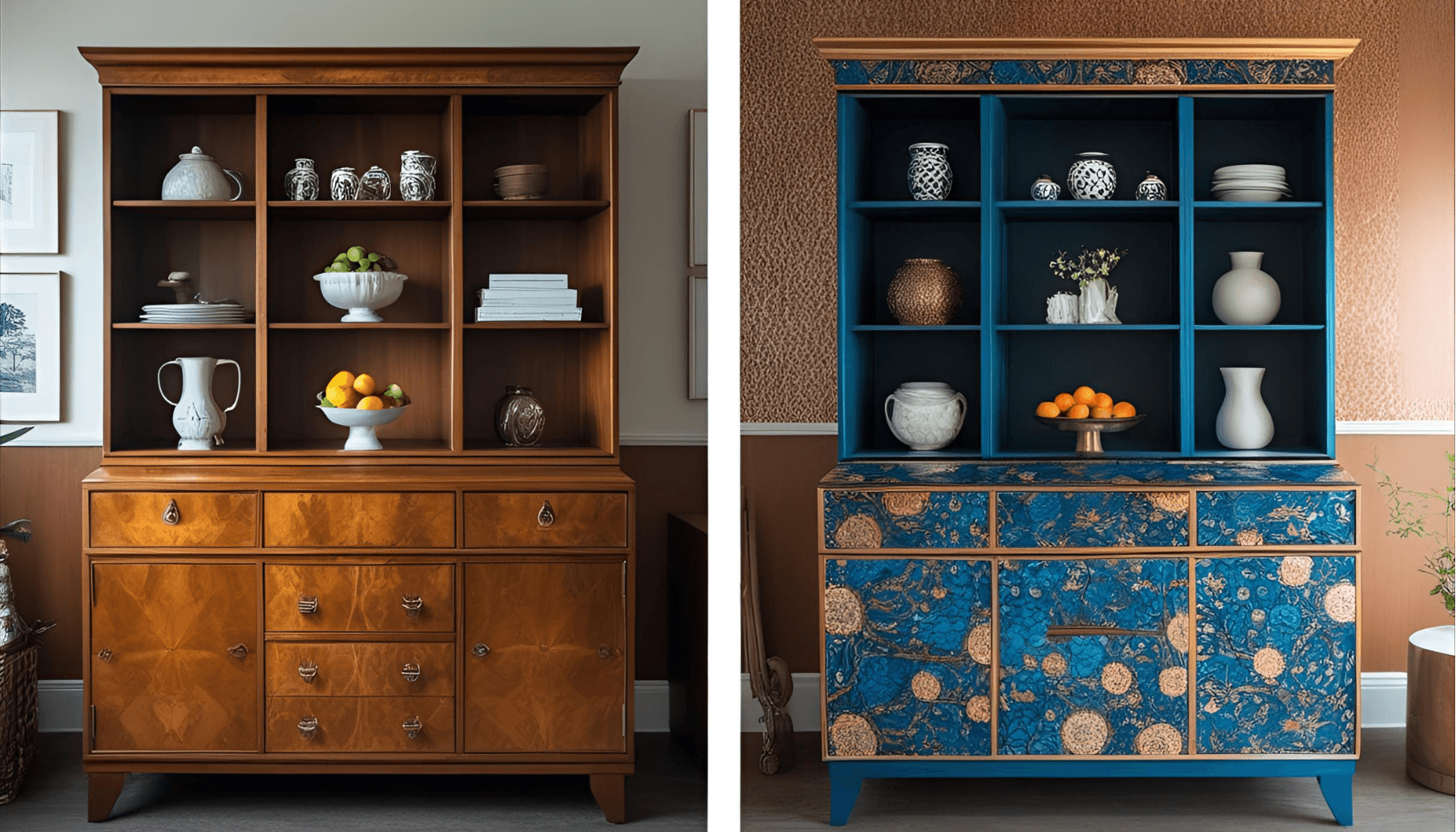 Zwei Sideboards: links original, rechts mit dekorativer Folie kreativ im Möbel-Wrapping-Stil gestaltet.
