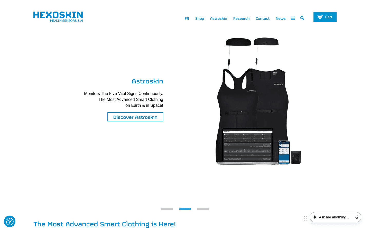 Hexoskin website (hexoskin.com), showing the Astroskin smart shirt
