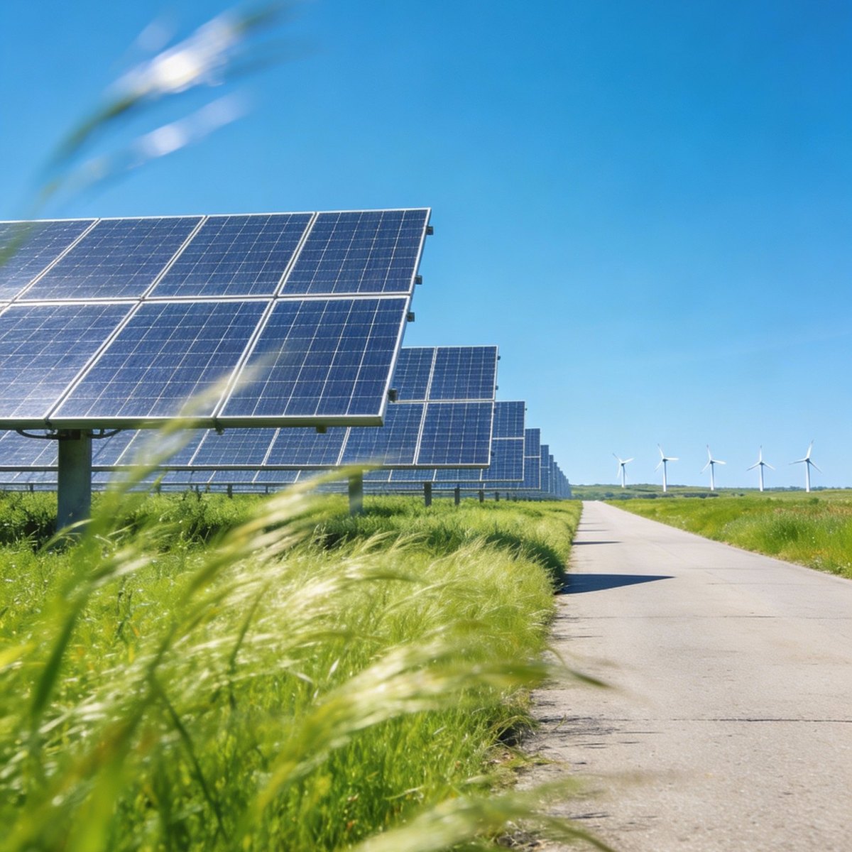 Solar panel rows beside a track through green farmland