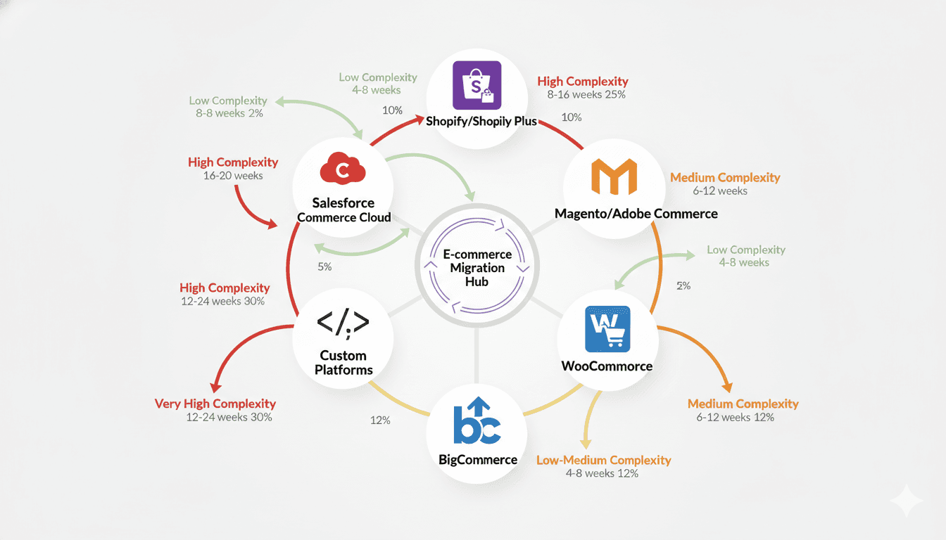 Network diagram showing common ecommerce platform migration paths, with arrows indicating complexity levels and timelines between Shopify, Magento, WooCommerce, BigCommerce, and custom platforms