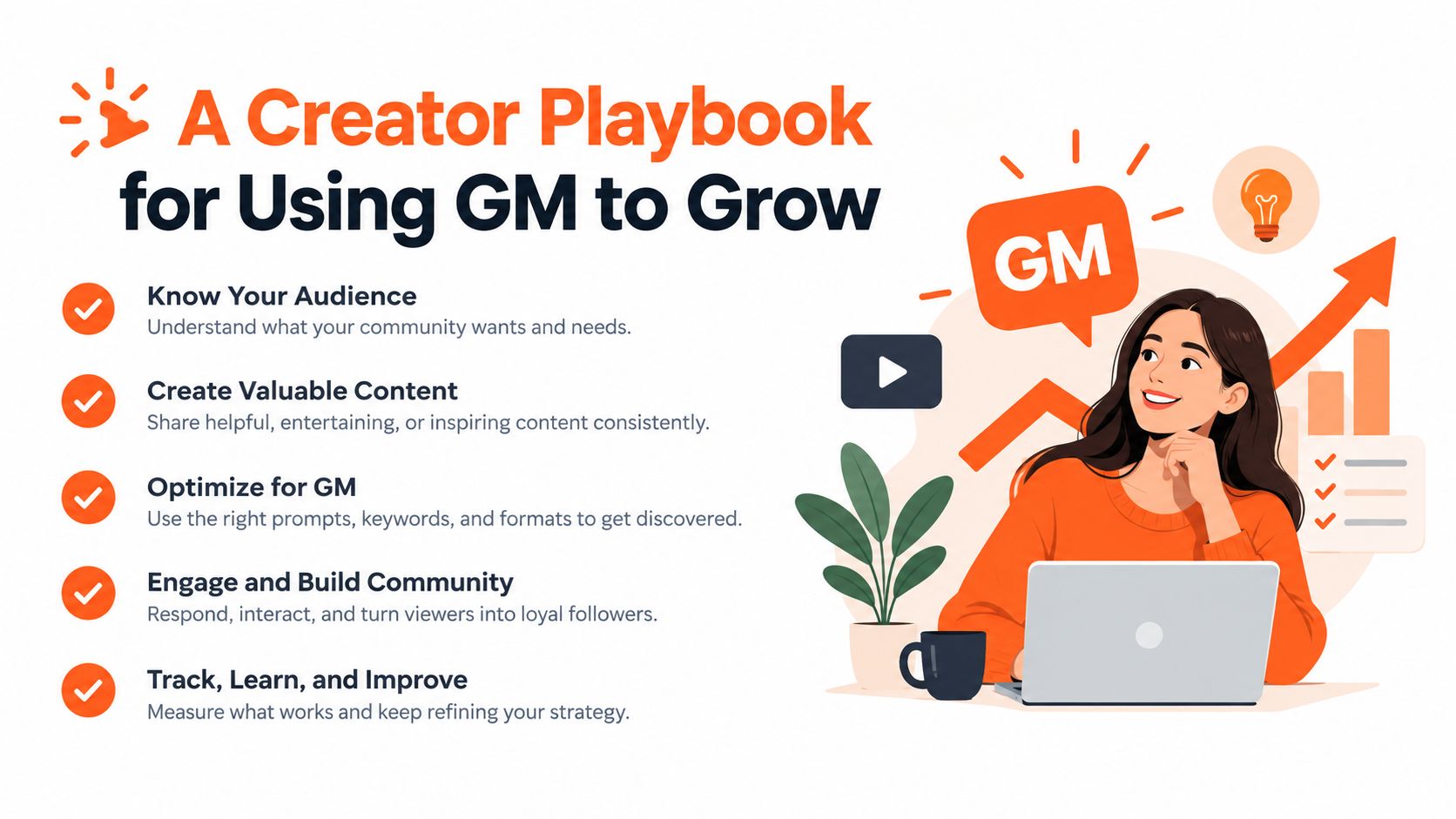 An educational illustration titled A Creator Playbook for Using GM to Grow with tips for online creators.