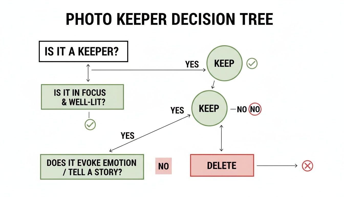 Decision tree flowchart for organizing photos, guiding users to keep or delete based on quality and emotional impact.