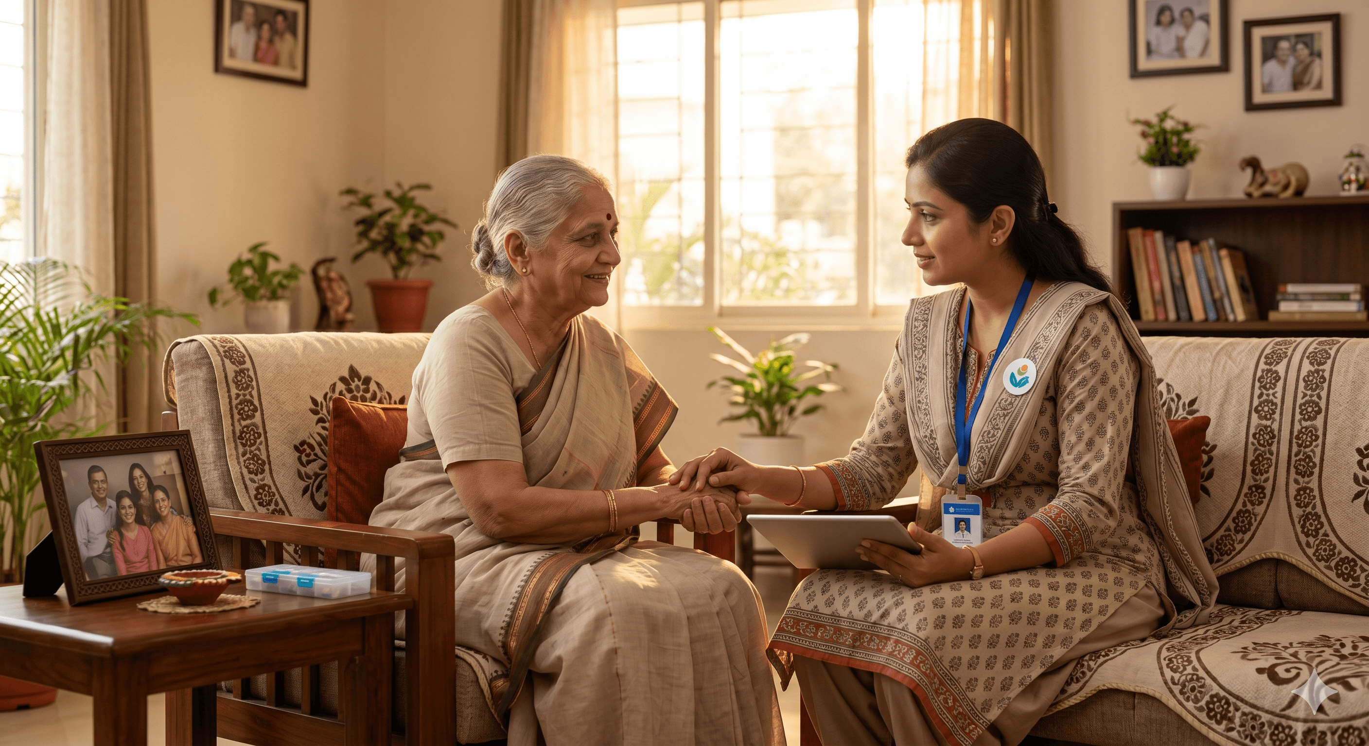 A professional home attendant for elderly care sitting on a sofa and holding the hand of an elderly Indian woman with compassion. The attendant wears an ID badge and holds a digital tablet for health monitoring. In the background, a warm Indian living room features family photos and indoor plants, while a pillbox sits on a side table to represent structured medication management.