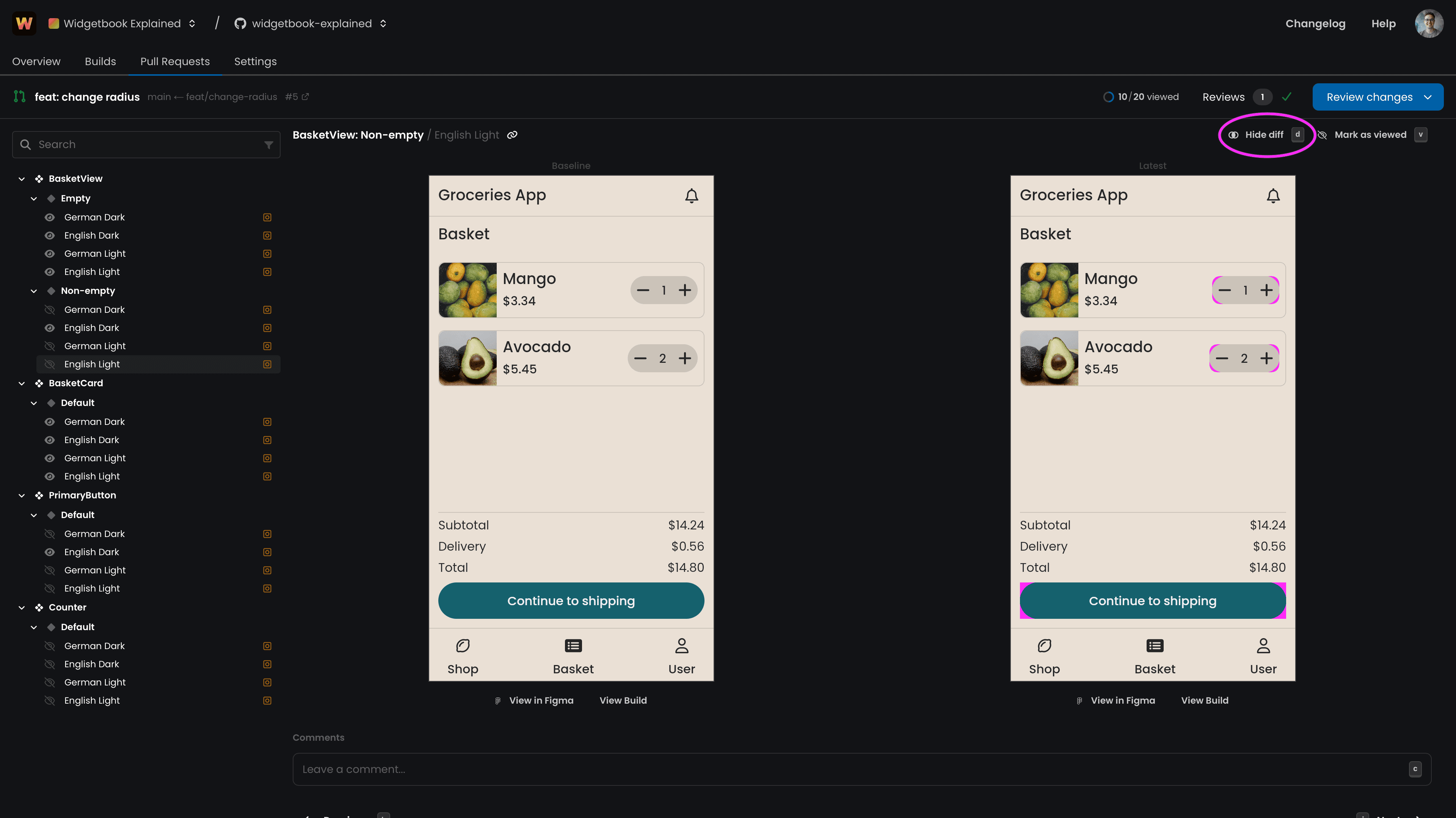 Widgetbook Cloud review of a visual change