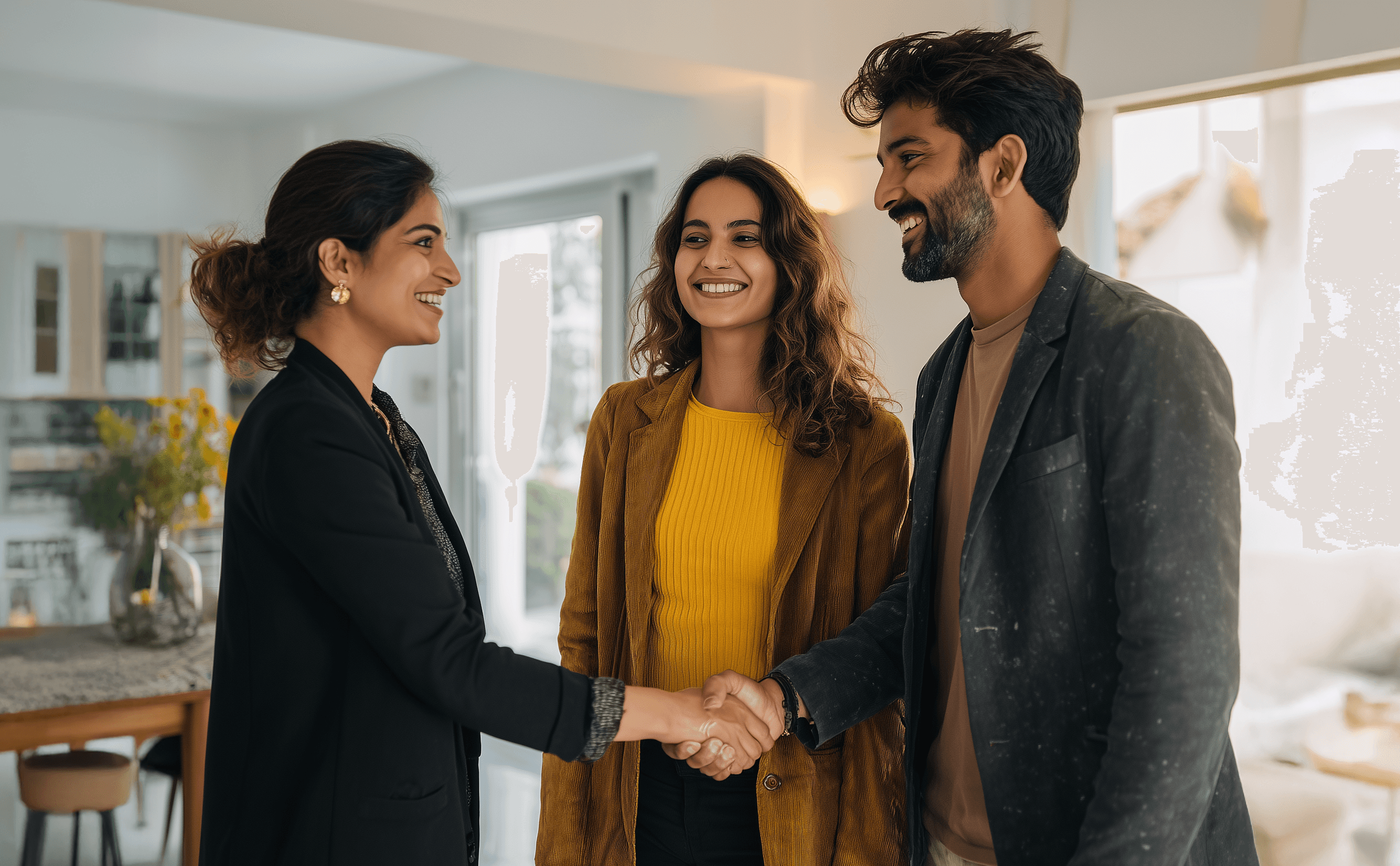A woman in an orange sweater smiling while looking at a tablet, with a pen in hand.