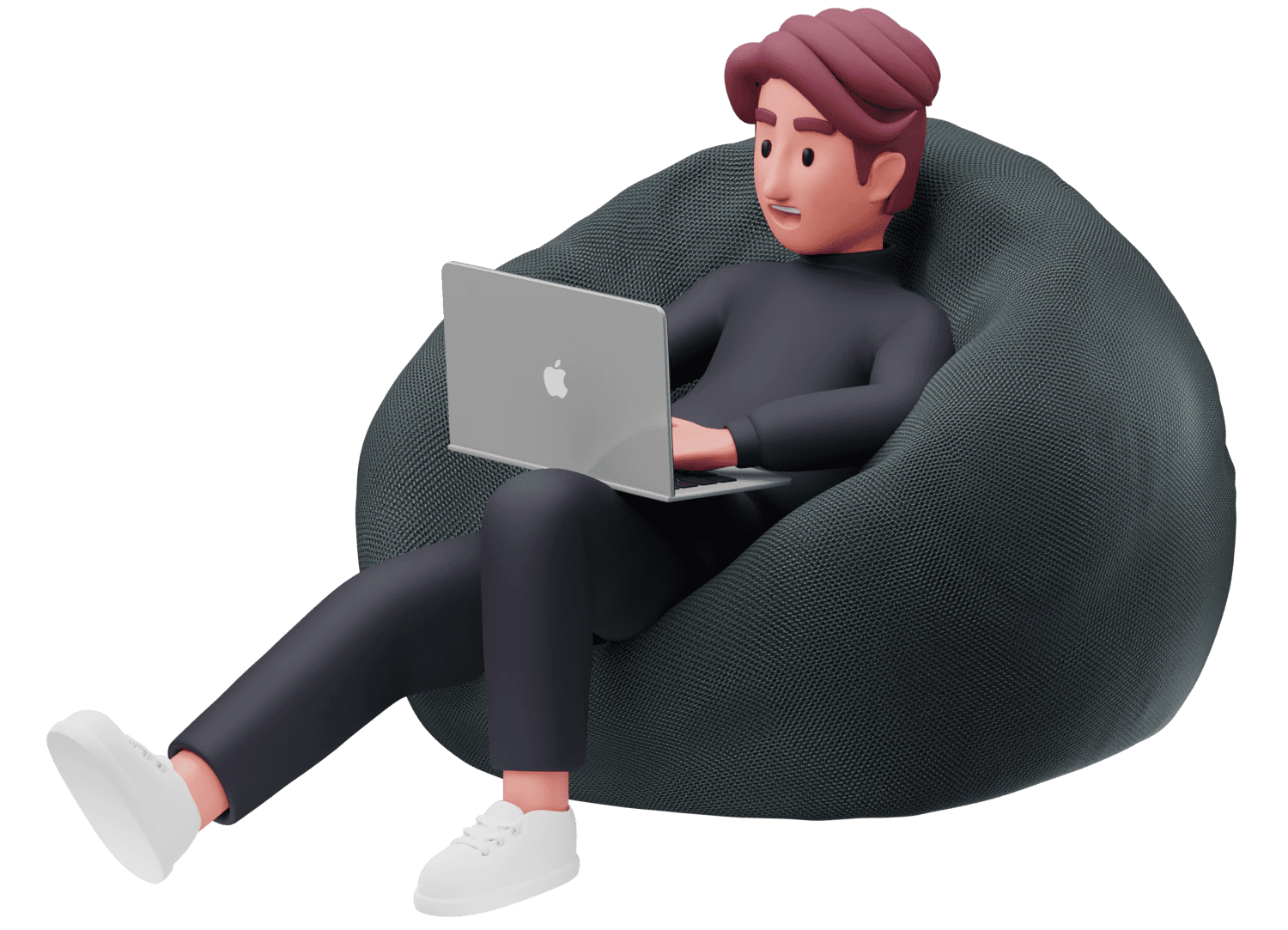 דמות תלת־ממד יושבת על פוף עם מחשב נייד, מסמלת עבודה דיגיטלית ויצירתית על פרויקטים