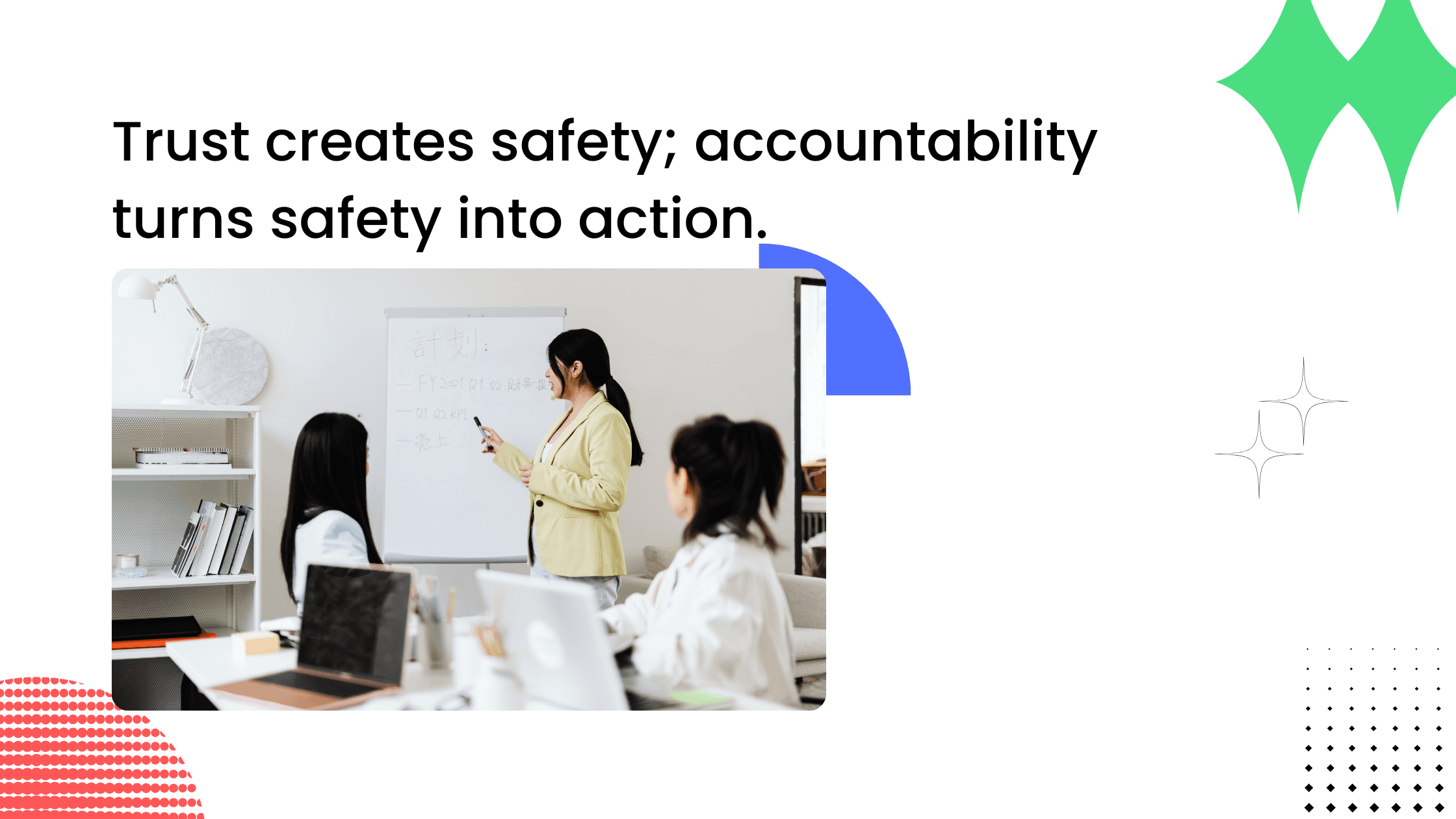 Coach guiding group session; trust creates psychological safety and accountability turns learning into action.