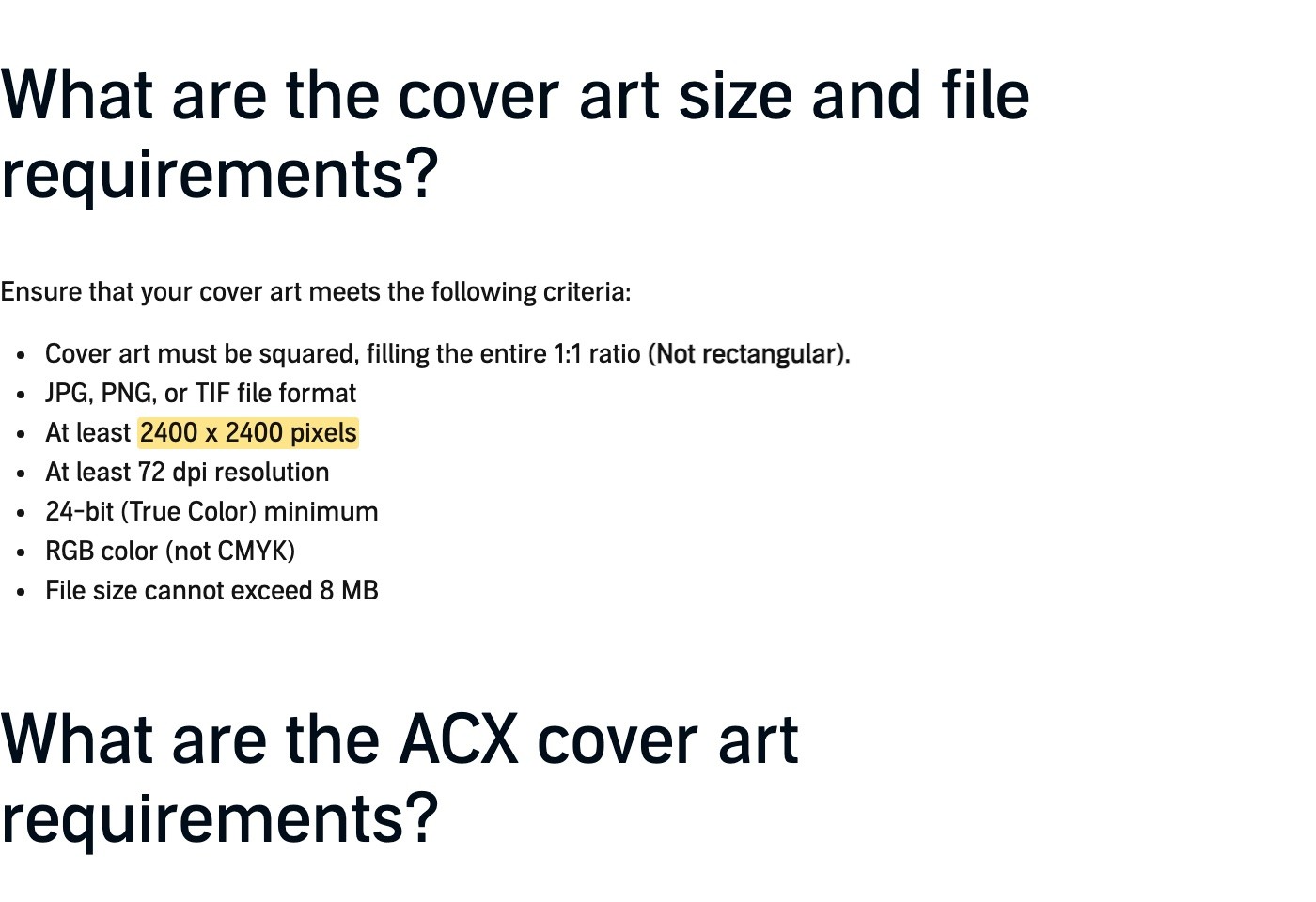 ACX’s cover art requirements: square 1:1, at least 2400 x 2400 pixels, RGB, 8 MB or less