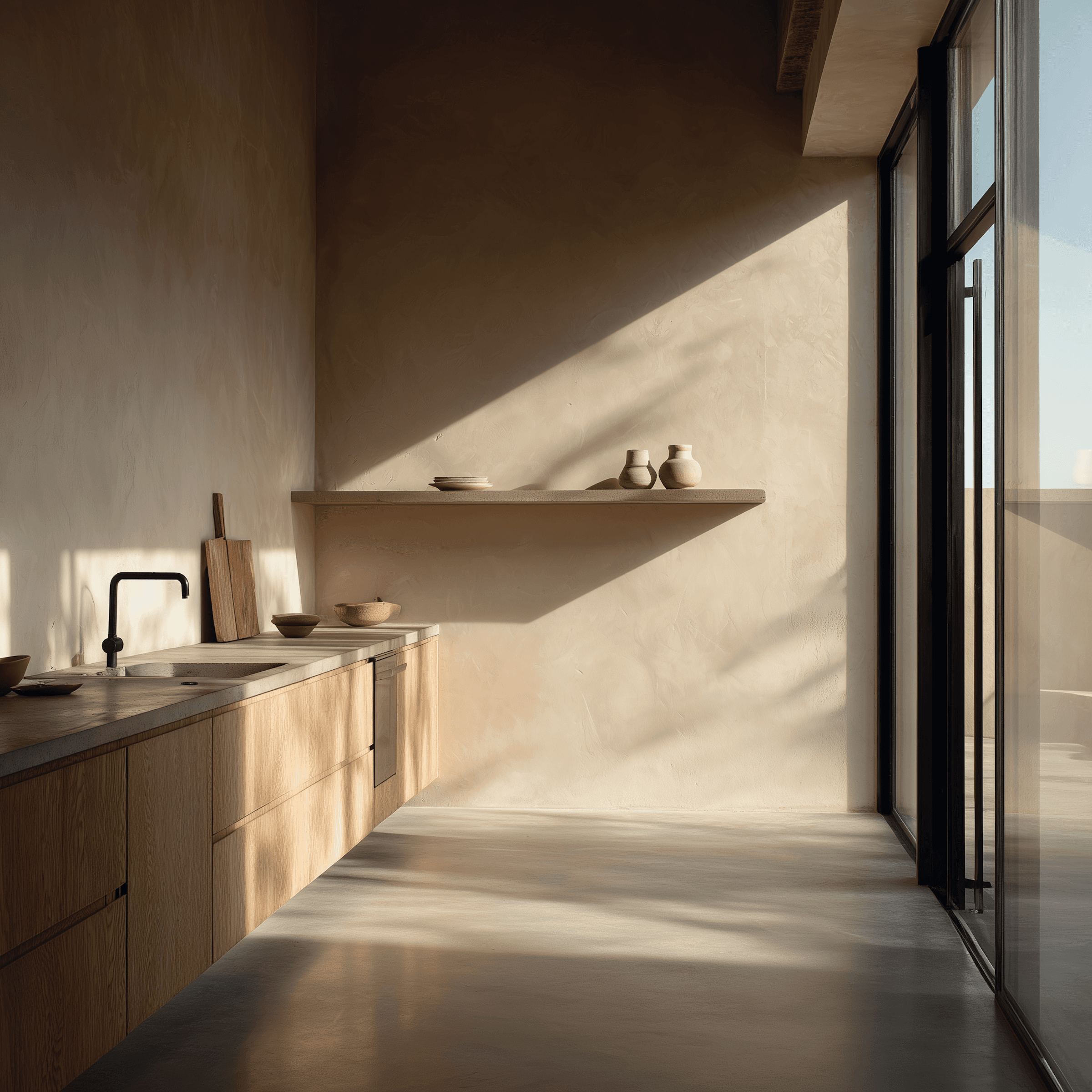 Serene modern kitchen with blonde wood cabinetry, floating shelf with ceramics, black matte faucet, floor-to-ceiling windows, and dramatic shadows