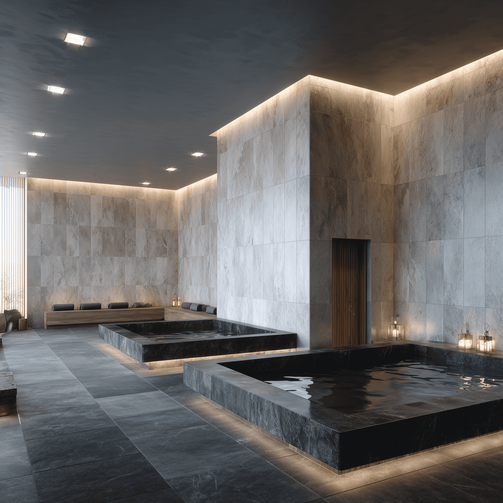 Luxury thermal bathing hall featuring two sunken dark marble plunge pools, stone-clad walls with cove lighting, and a warm candlelit atmosphere