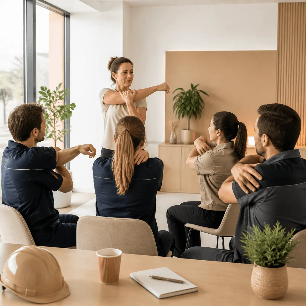 Un homme et une femme participent à une séance de sport en entreprise