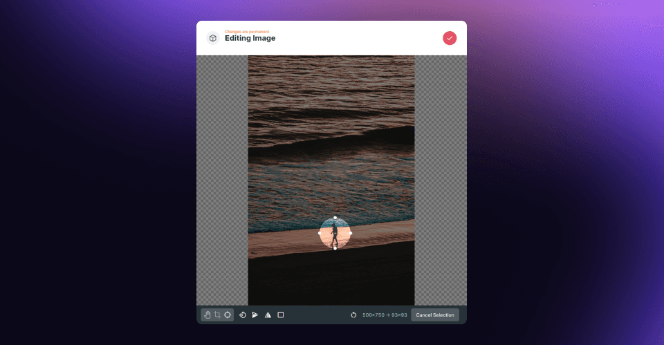 Screenshot showing image editor with a round highlight on a person near the bottom of the image.