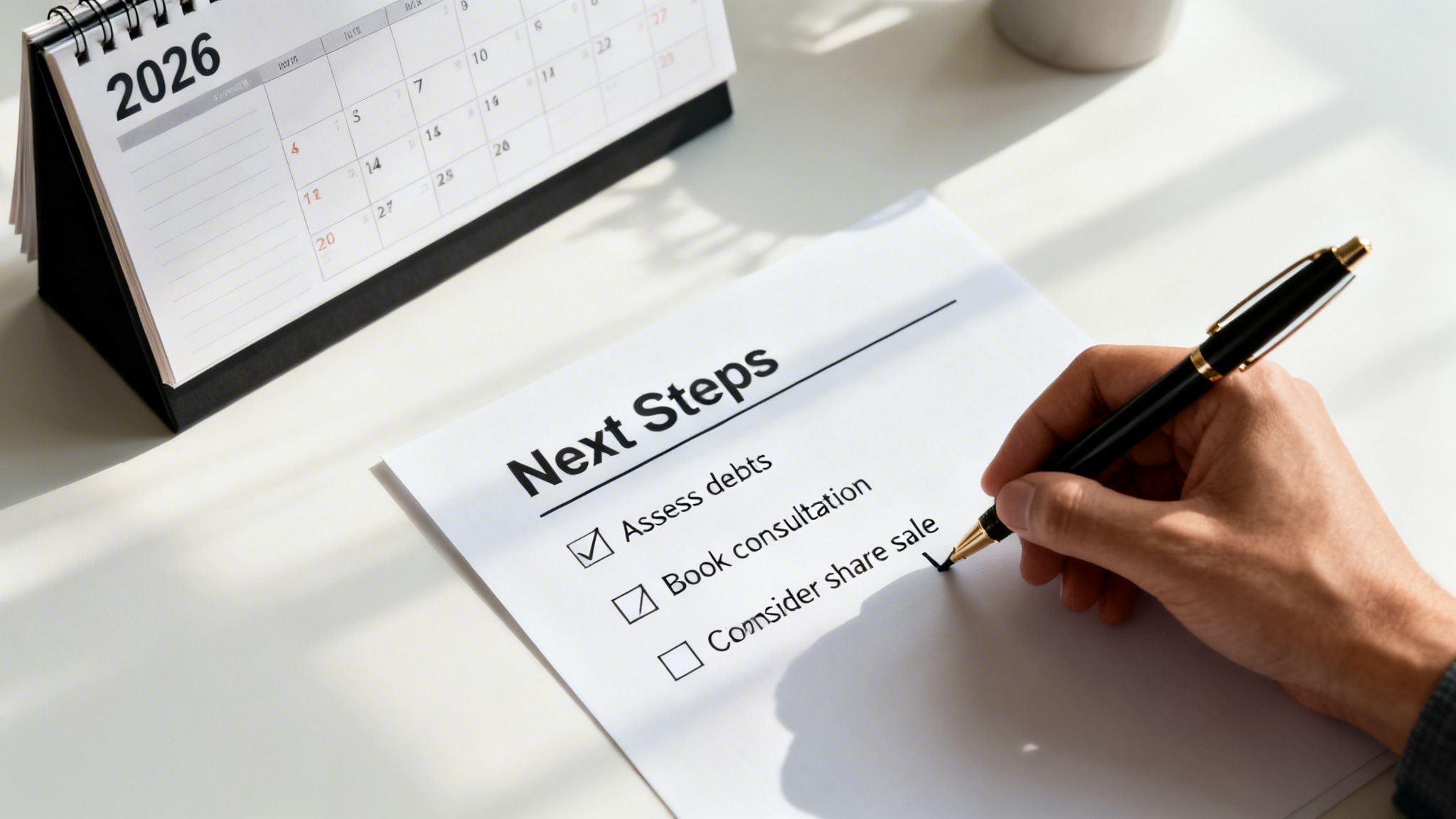 Hand checking 'Next Steps' like 'Assess debts' and 'Book consultation' on a document with a 2026 calendar.