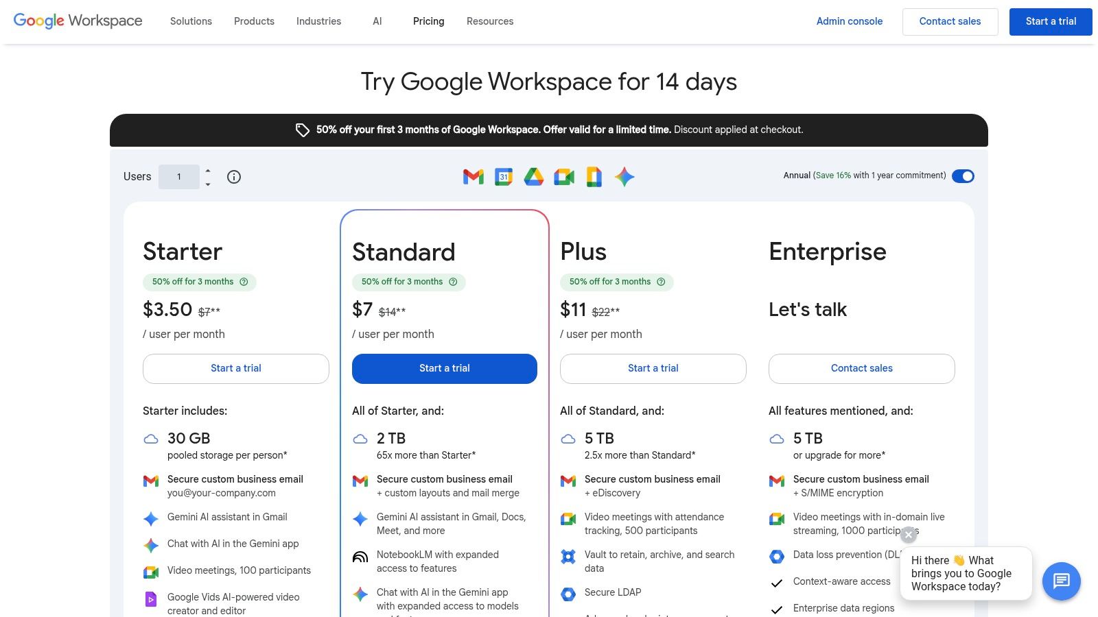 A screenshot of the Google Workspace pricing page showing its different tiers.