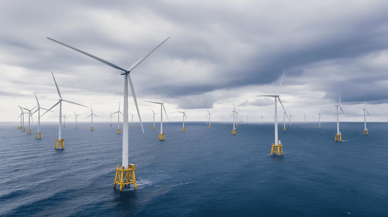 The image depicts a modern offshore wind farm featuring multiple turbines situated in the ocean under a cloudy sky, symbolising the integration of physical systems and digital twin technology for optimising energy consumption and operational efficiency in the renewable energy sector. This scene reflects the connection between the physical world and digital environments, showcasing the potential of smart cities and advanced manufacturing solutions.
