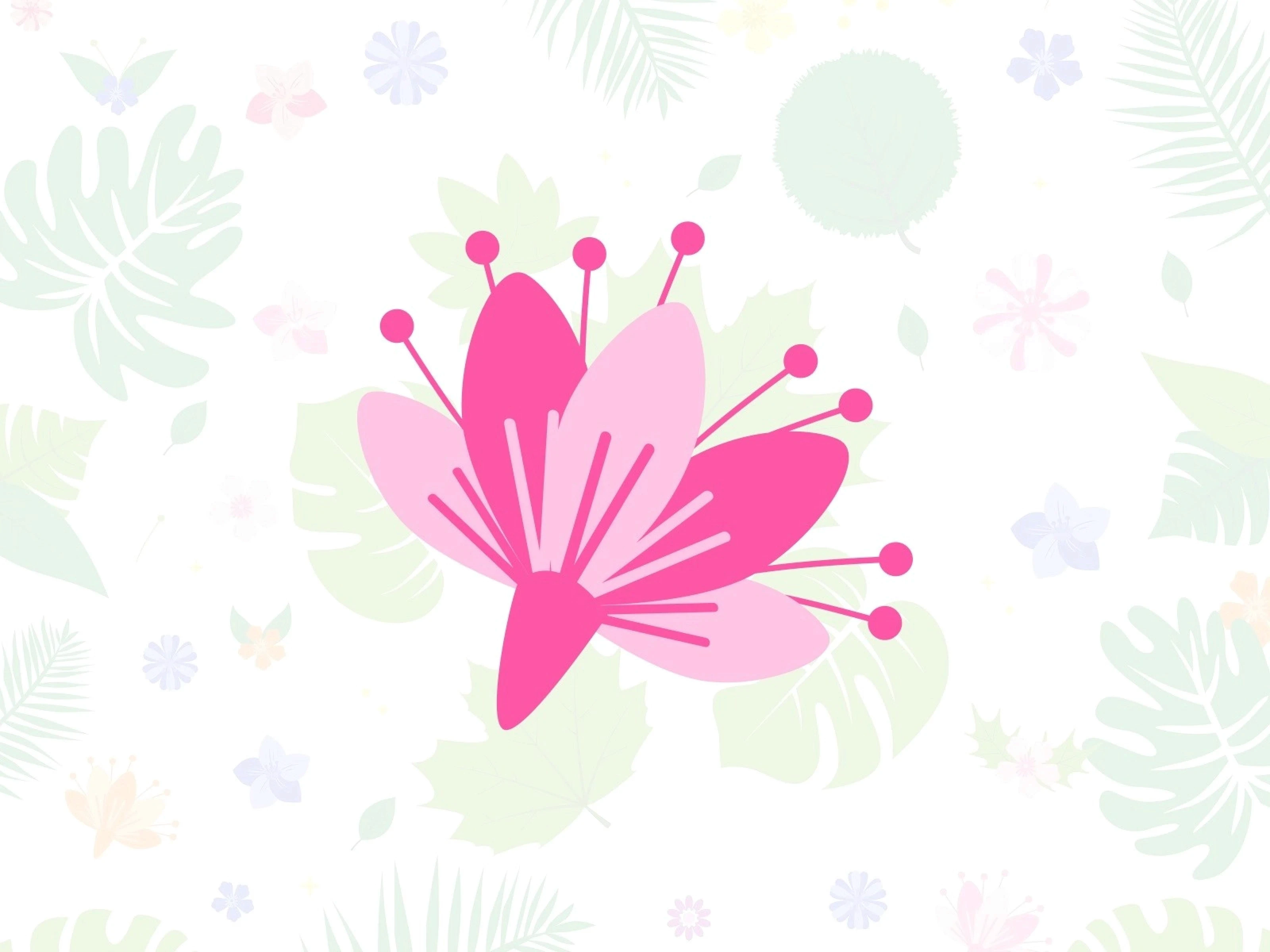 A Leaf Flowers graphic features a pink floral design at the center, highlighted against a white background with a subtle leaf pattern.