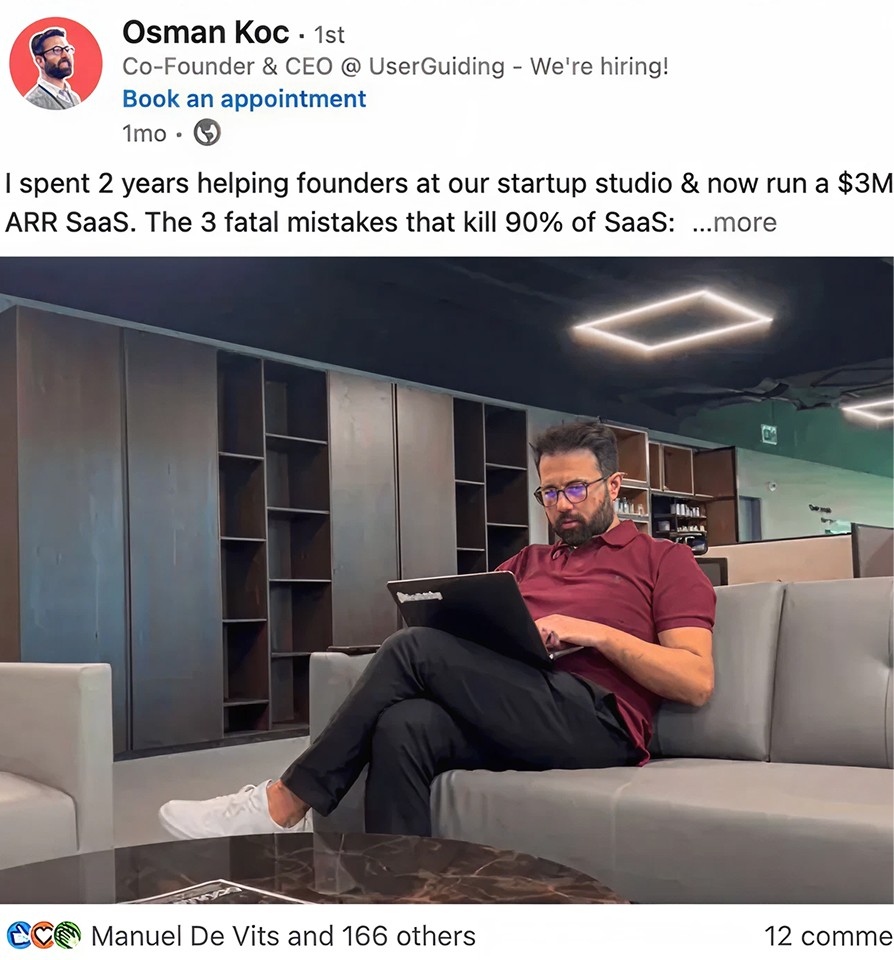 Screenshot of a LinkedIn post by Osman Koc, CEO of UserGuiding, sitting on a couch with a laptop discussing SaaS growth mistakes