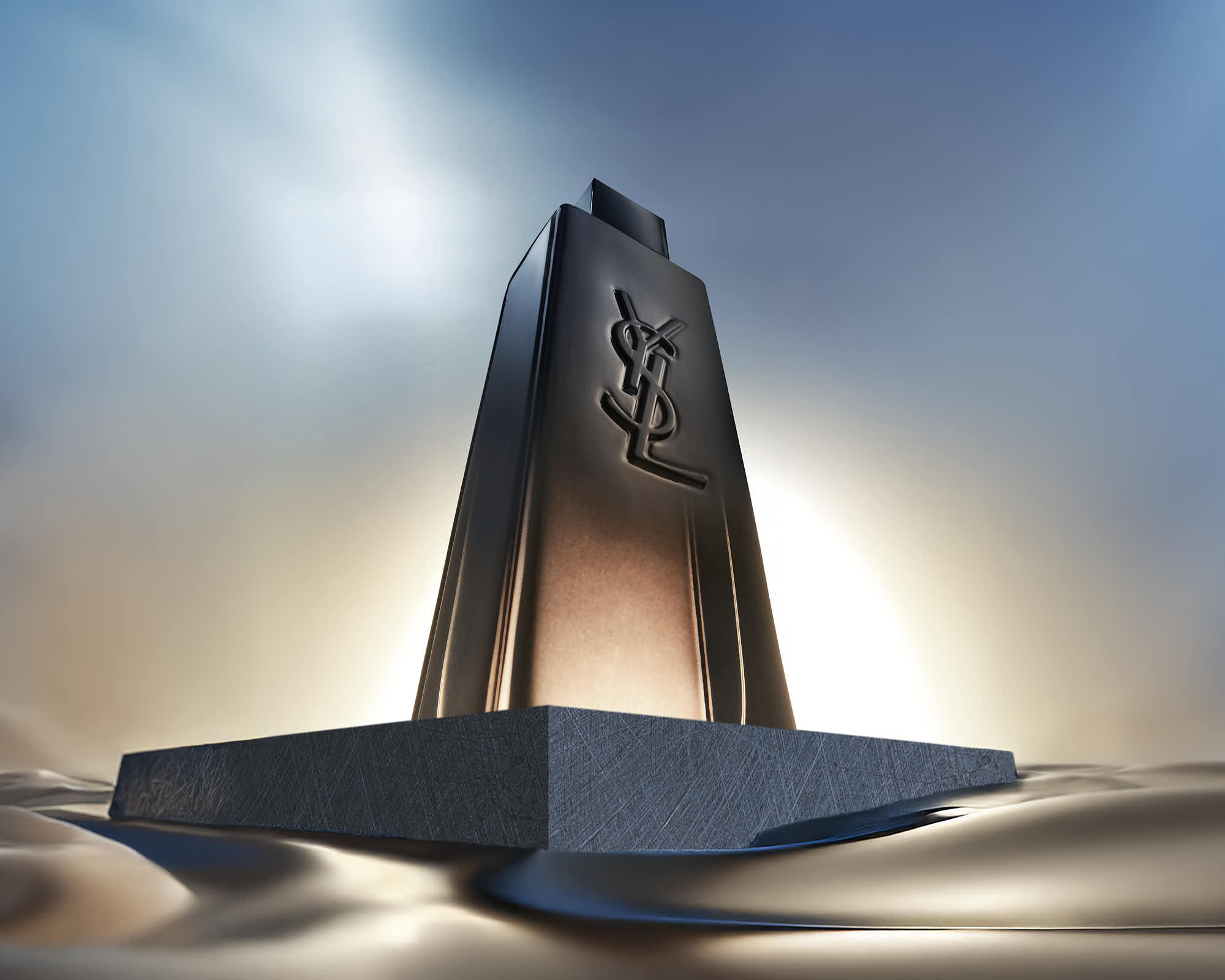 A stylized fragrance bottle like a monument with a triangular base and a tower, set against a dramatic sky.