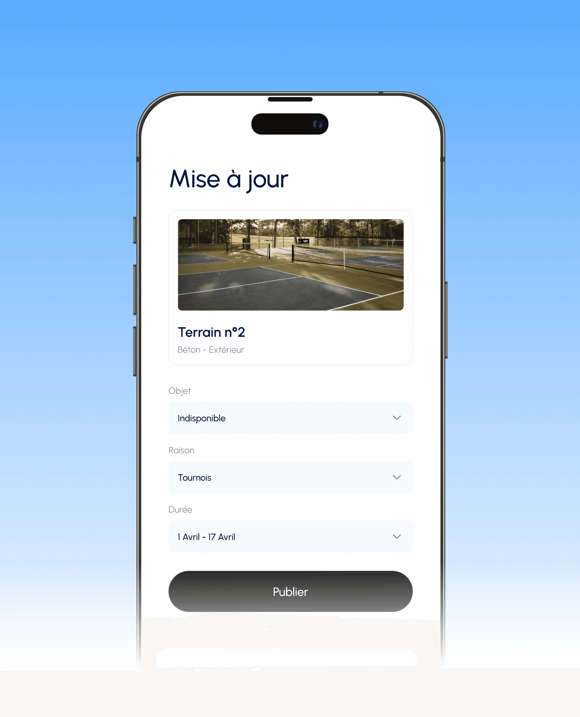 Interface mobile permettant à un club de mettre à jour les informations d’un terrain