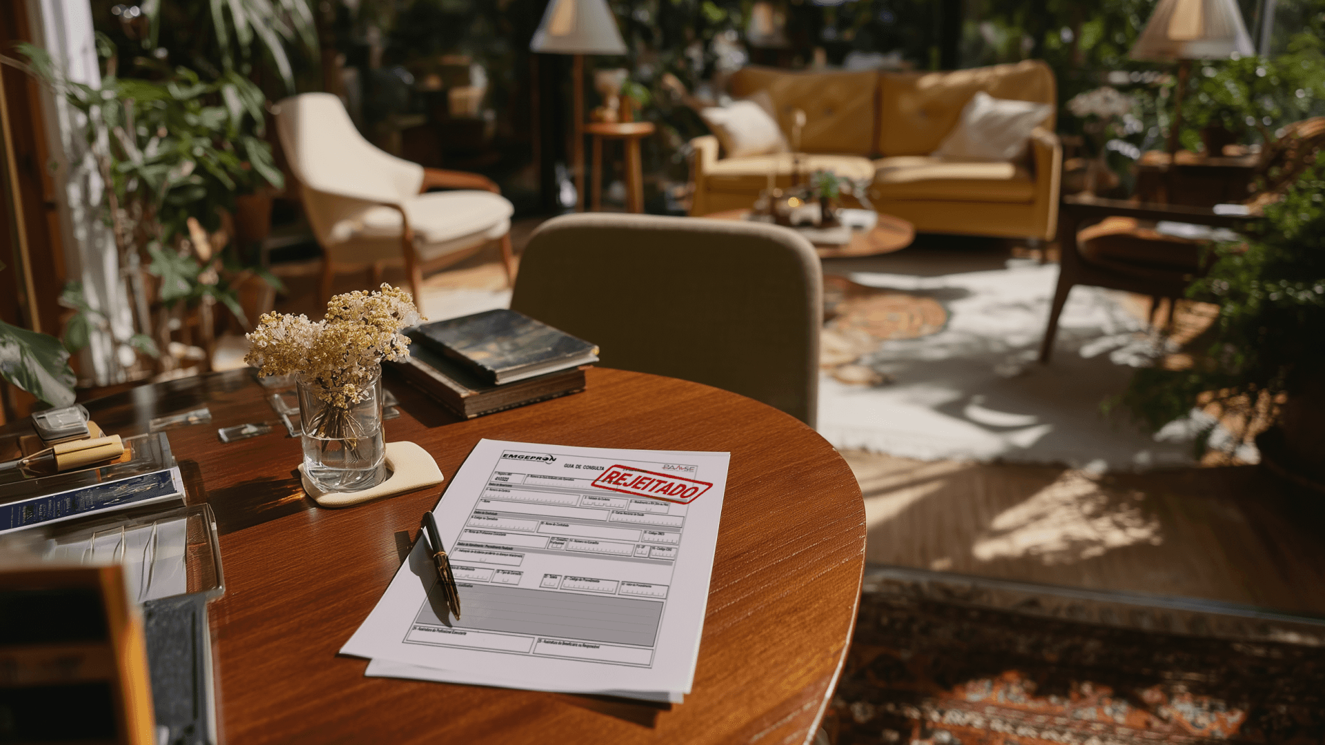 Close sobre uma mesa de uma clínica de estética sofisticada, com um formulário de solicitação de procedimento visível. A guia tem um carimbo vermelho proeminente com a palavra "REJEITADO". Ao fundo, a recepção vazia e bem iluminada da clínica sem a Tivita em sua operação.