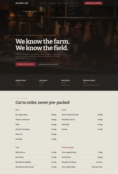 Traditional butcher website template preview with dry-ageing day counters