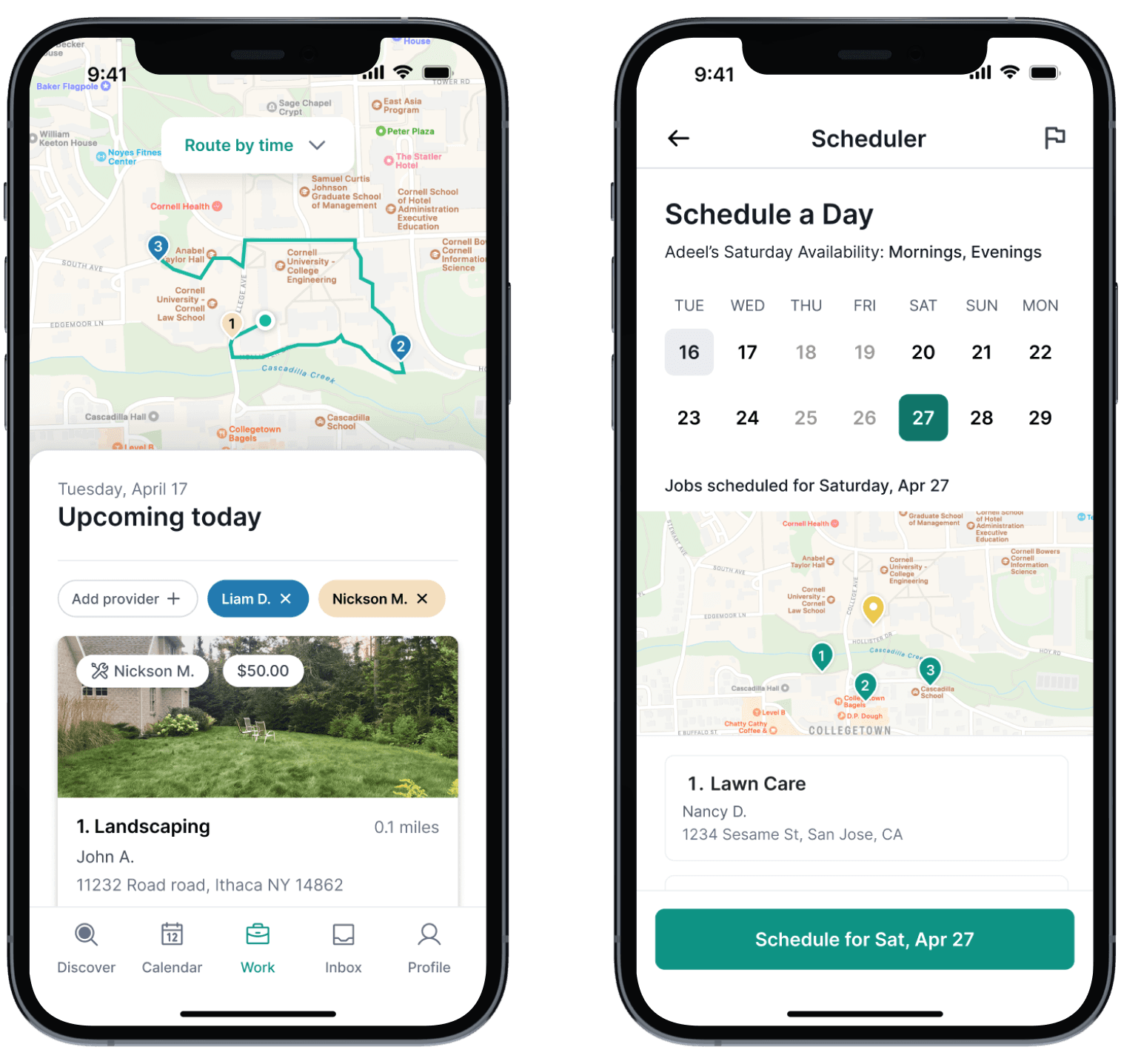 Two feature screenshots displaying work done by Nancy for her case study on Lawnstack