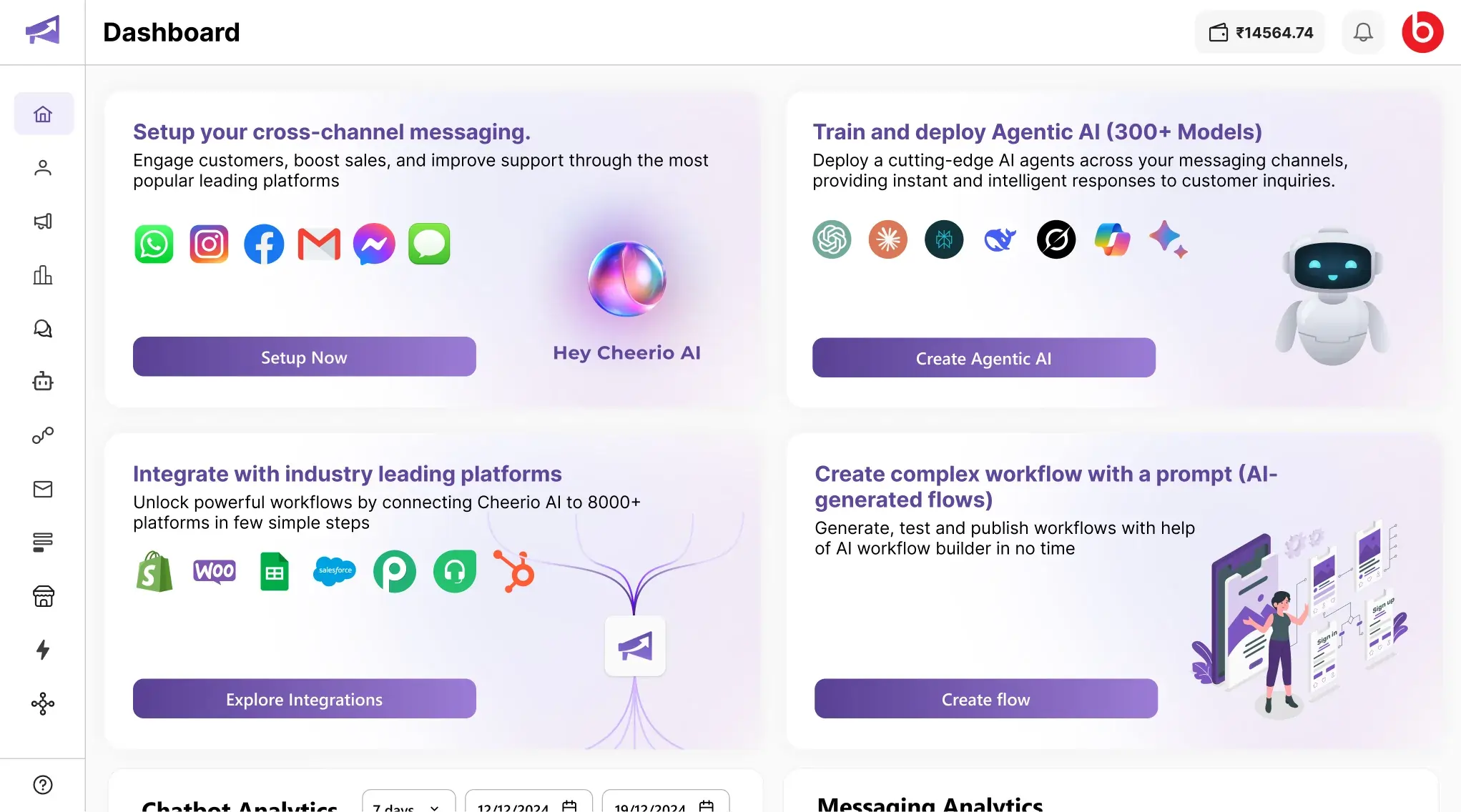 Unified Cheerio AI dashboard with messaging setup, agentic AI deployment, platform integrations, and workflow creation