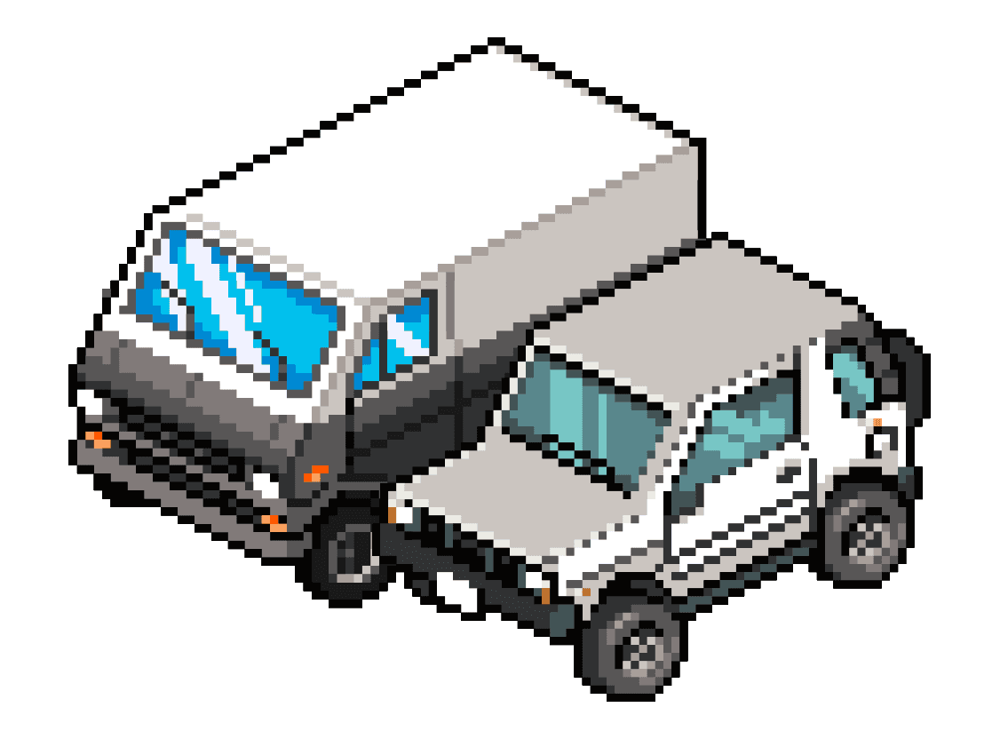 A white and gray pixel van and SUV.