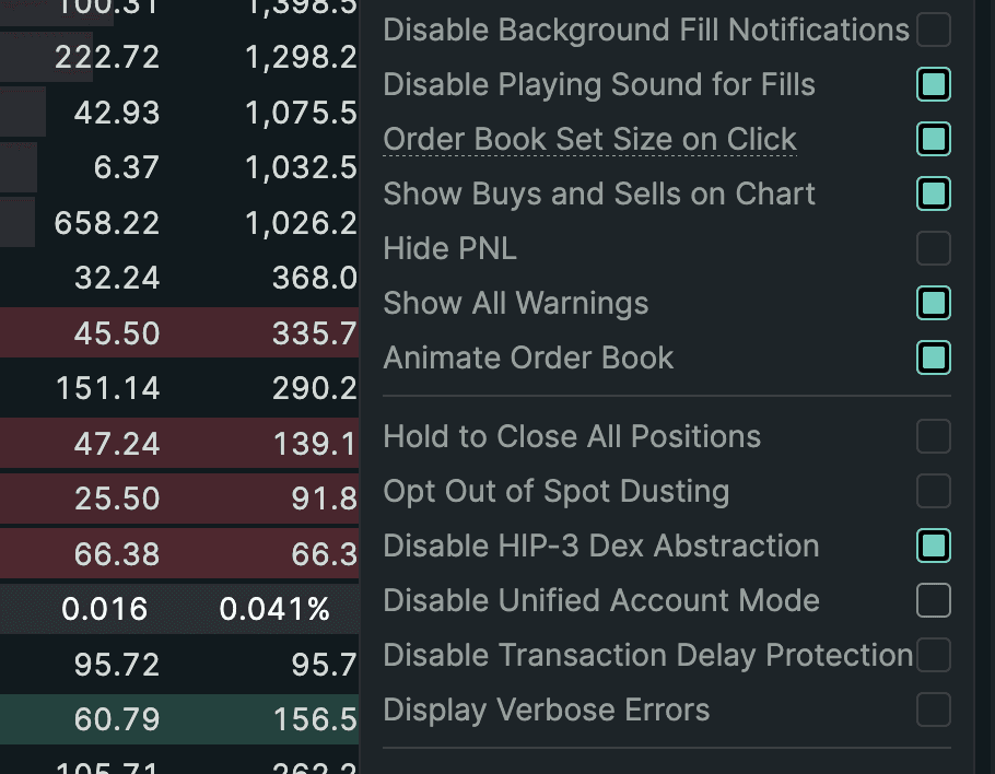 Hyperliquid settings