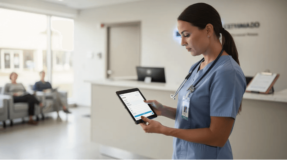 A healthcare professional is seated in a modern clinic reception area, reviewing digital patient forms on a tablet, which streamlines the patient intake process and enhances the overall patient experience. The setting reflects a contemporary practice management system, emphasizing the use of digital intake forms for efficient patient communication and data collection.