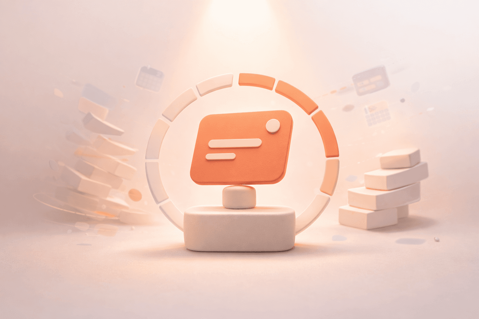 Minimalistische 3D-Illustration mit einer korallfarbenen Aufgabenkarte, die auf einem abgerundeten Zeitblock balanciert und von einem segmentierten Wochenring umgeben ist. Links verschwimmen und kippen gestapelte Zeitblöcke als Symbol für Überarbeitung, rechts stehen wenige geordnete Blöcke stabil für nachhaltige Produktivität. Der Hintergrund ist ein warmer creme-beiger Farbverlauf mit dezenten Kalender- und Ablenkungselementen.
