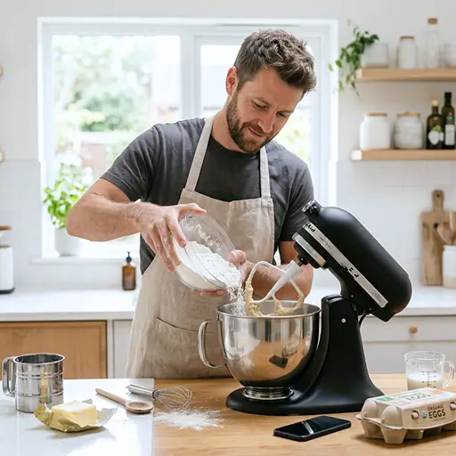 A man uses a stand mixer to bake in his kitchen, relying on Whisprice to track the price history of big-ticket Amazon products before Prime Day sales begin.