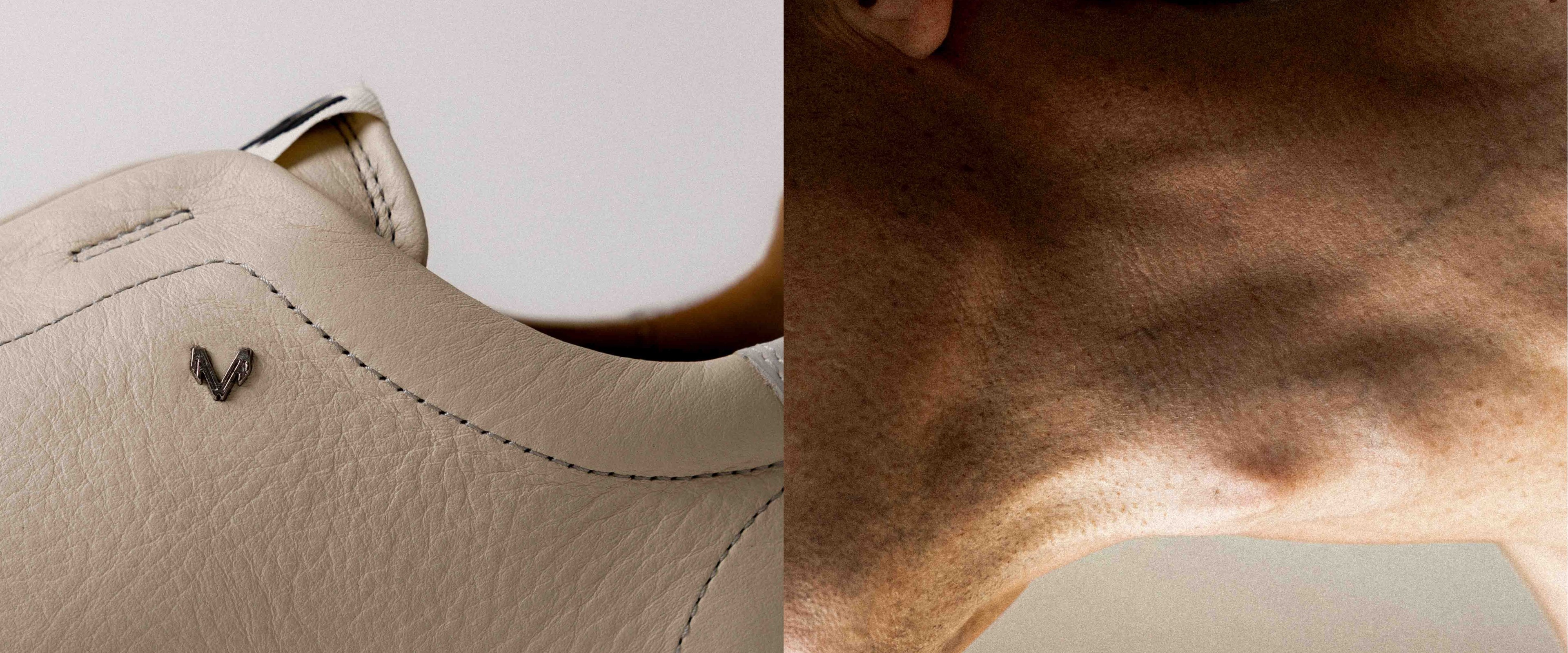 AI-generated diptych of a cream loafer and a skin detail from PHOCUS’s Martinelli campaign