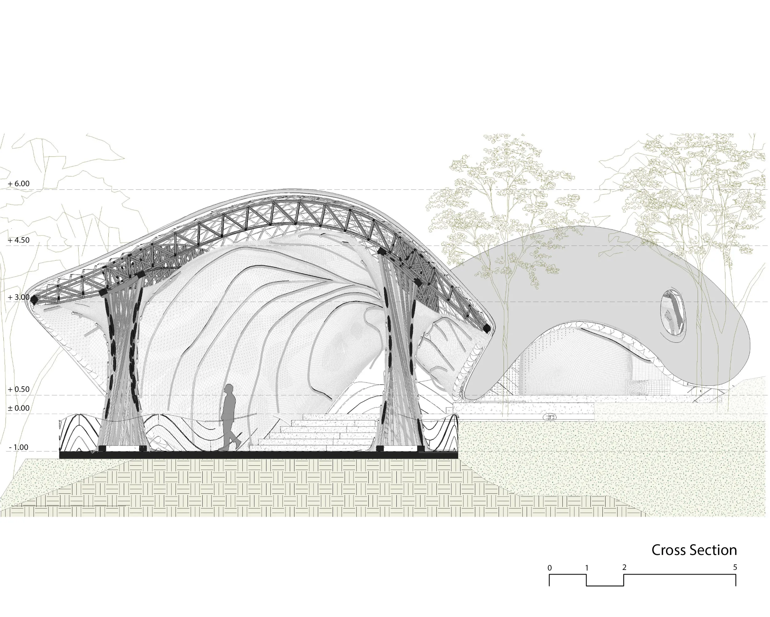 Luxurious lounge at Hyatt Impressions featuring the 'Ola' bamboo ceiling with fluid wave-like undulations.
